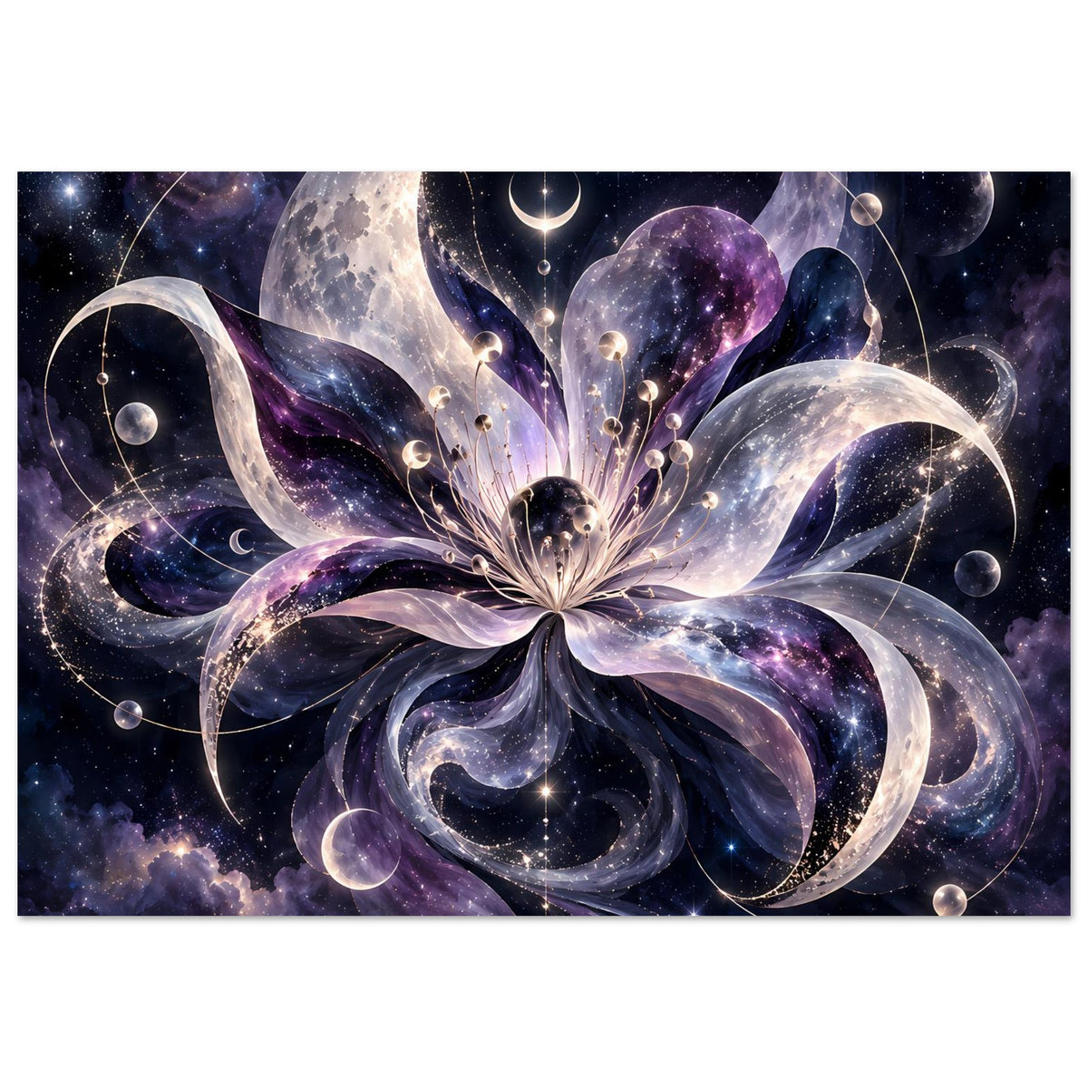 Kosmische Blüte mit Monden, Planeten und Sternen in violett-blauem Weltraum – Motivansicht 31
