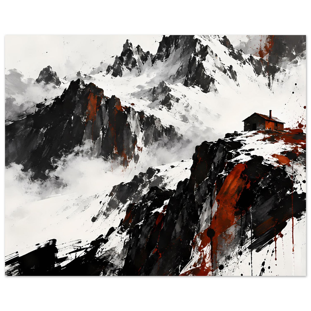 Poster mit Berggipfeln in Schwarz/Weiß und rotem Pinselauftrag, mit Haus