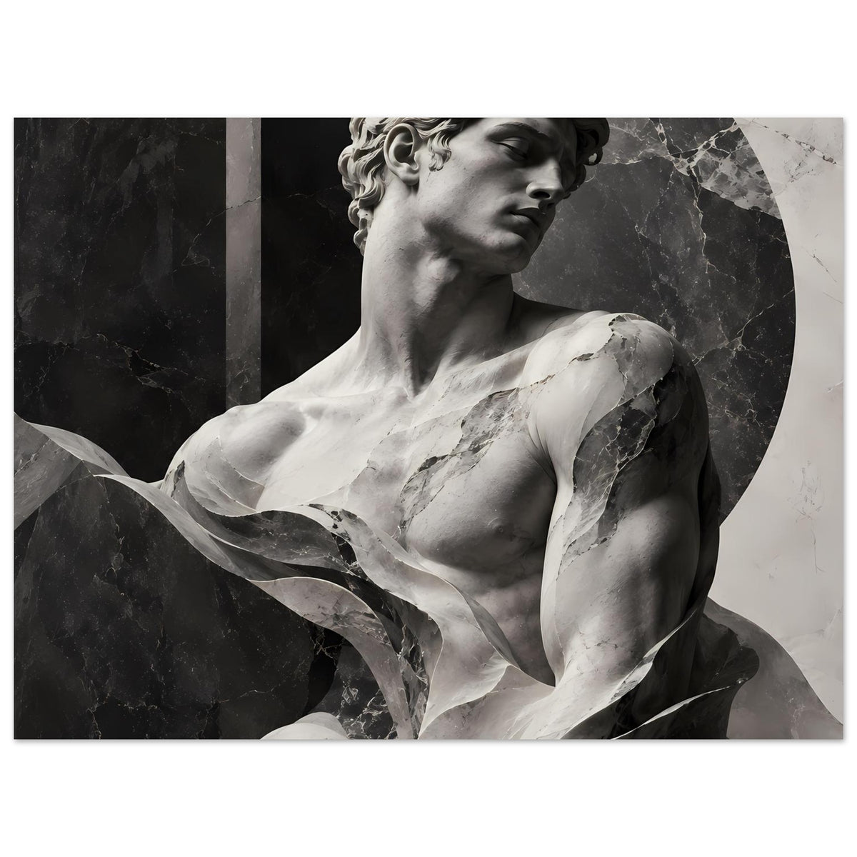 Querformat-Poster mit Schwarzweiß-Büste, Marmoroptik und Draperie-Motiv