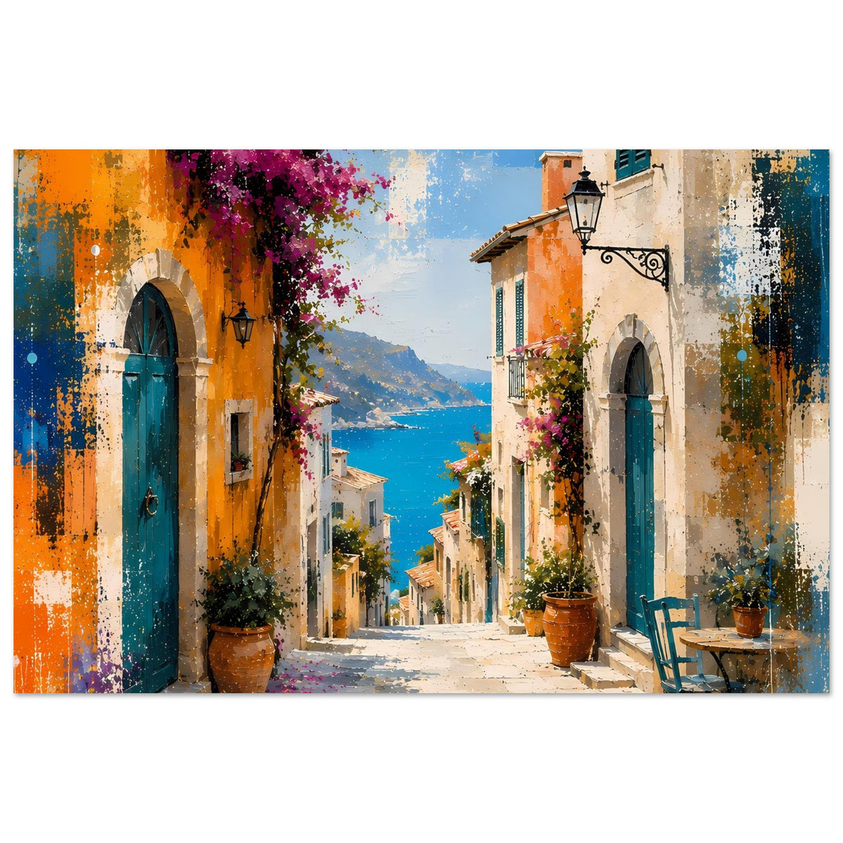 Kunstposter: mediterrane Gasse mit türkisblauen Türen, orange Wänden, lila Blüten und Sitzbank