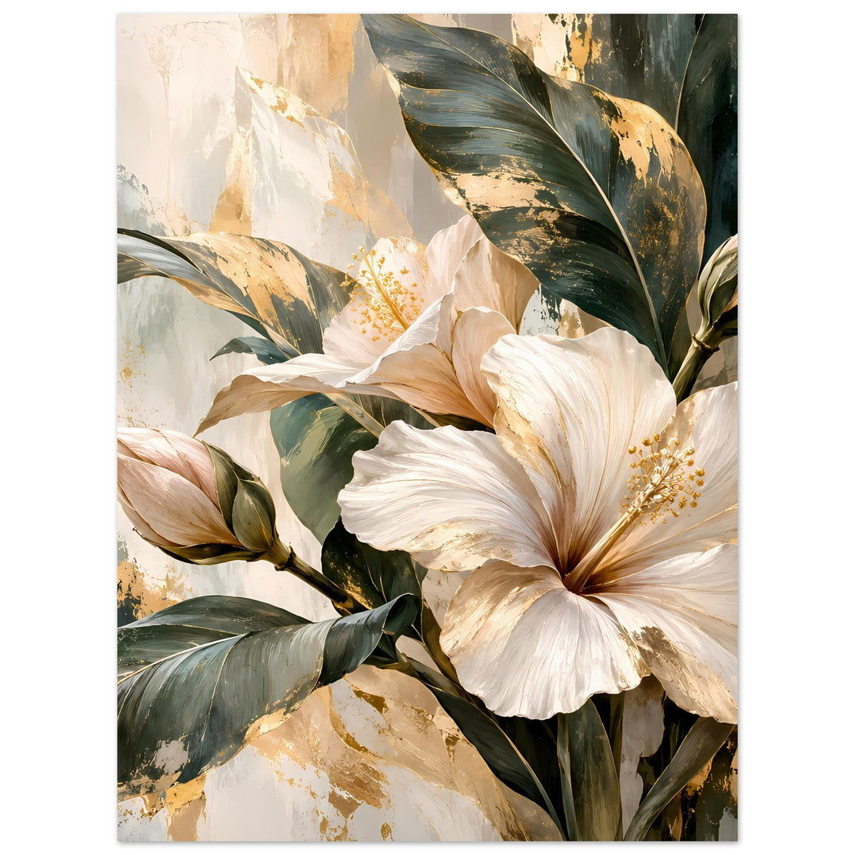 Gerahmtes Blumenposter mit weißen Blüten, grünen Blättern und goldfarbenen Sprenkeln