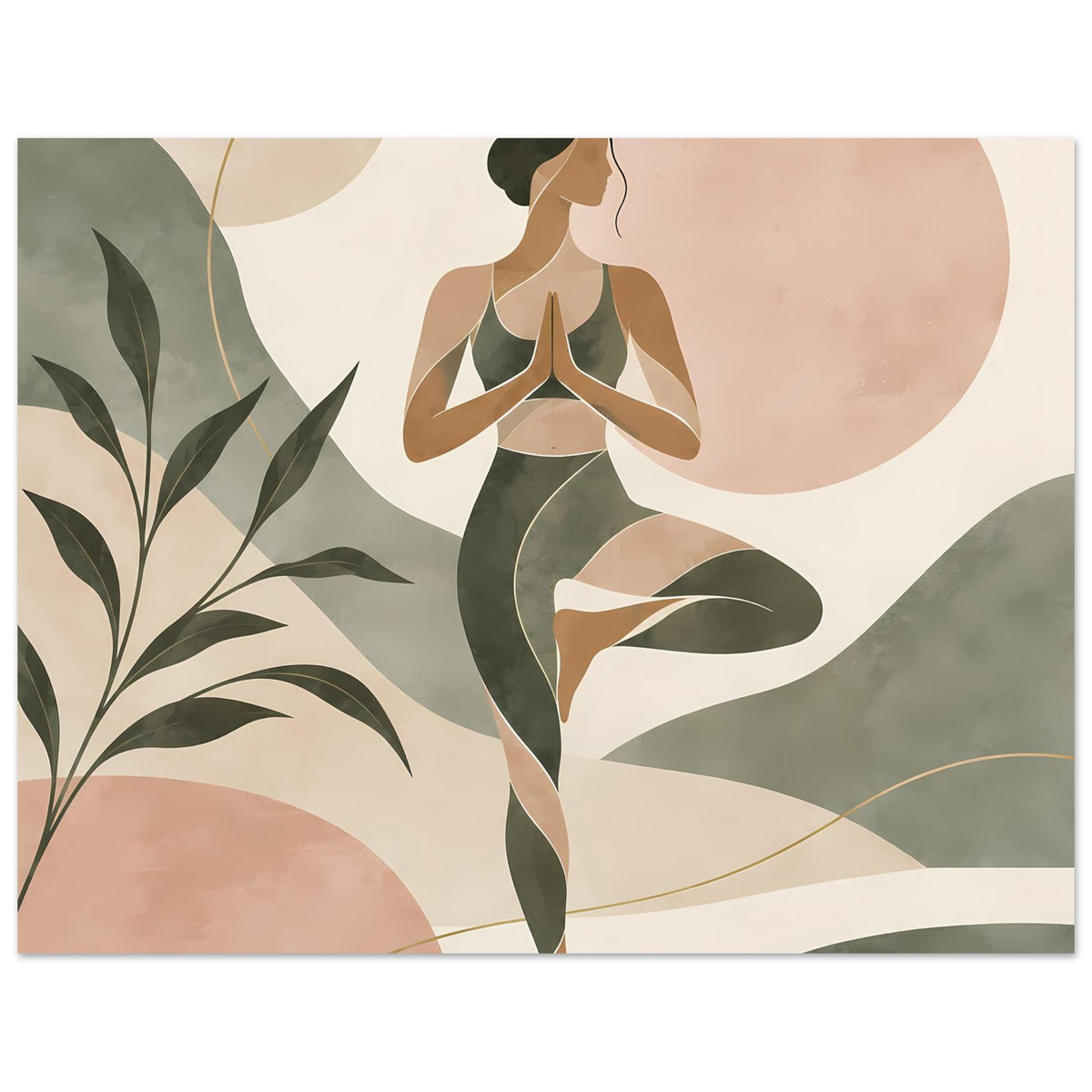 Abstraktes Yoga-Poster mit Meditationsfigur in Salbeigrün und Rosé
