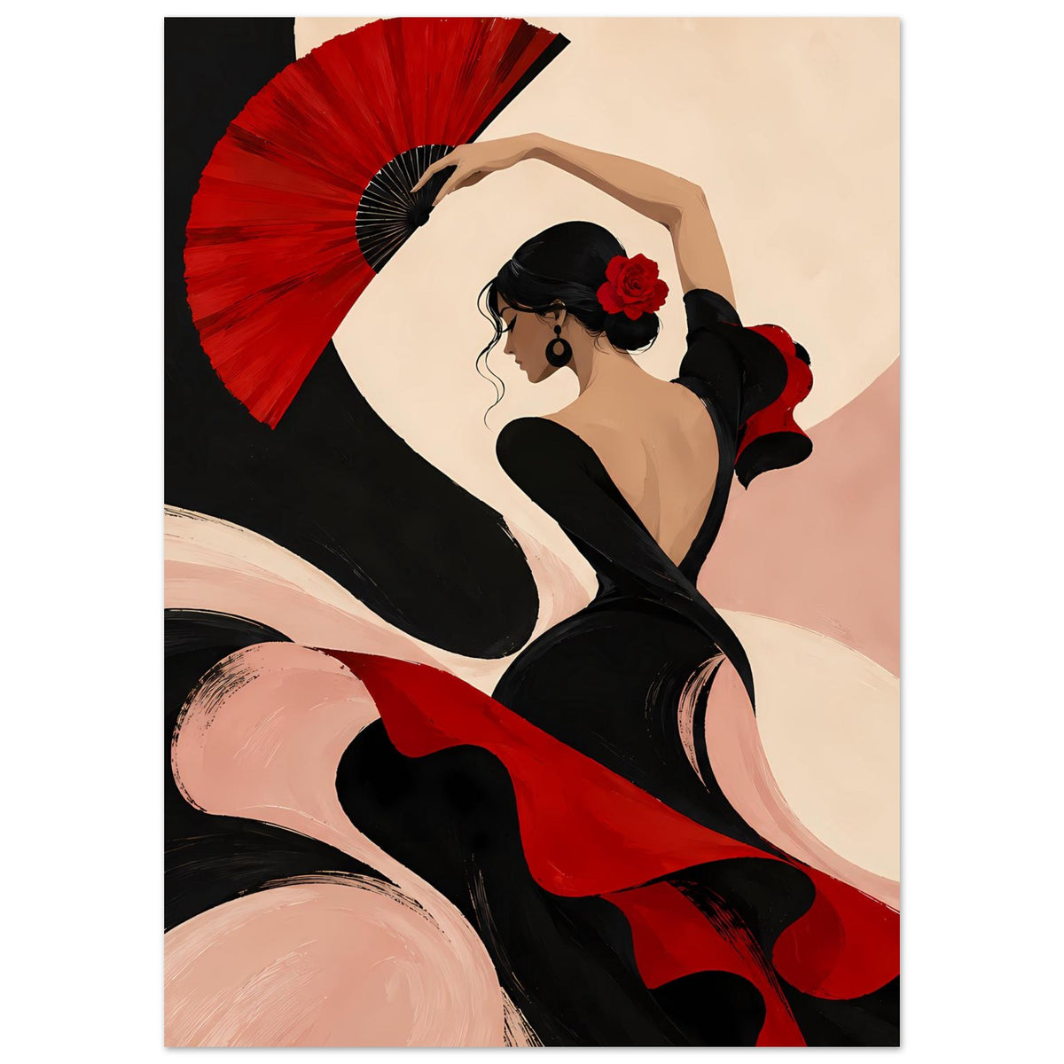 Poster mit Flamenco-Tänzerin im Tanz: roter Fächer, schwarzes Kleid, rote Akzente