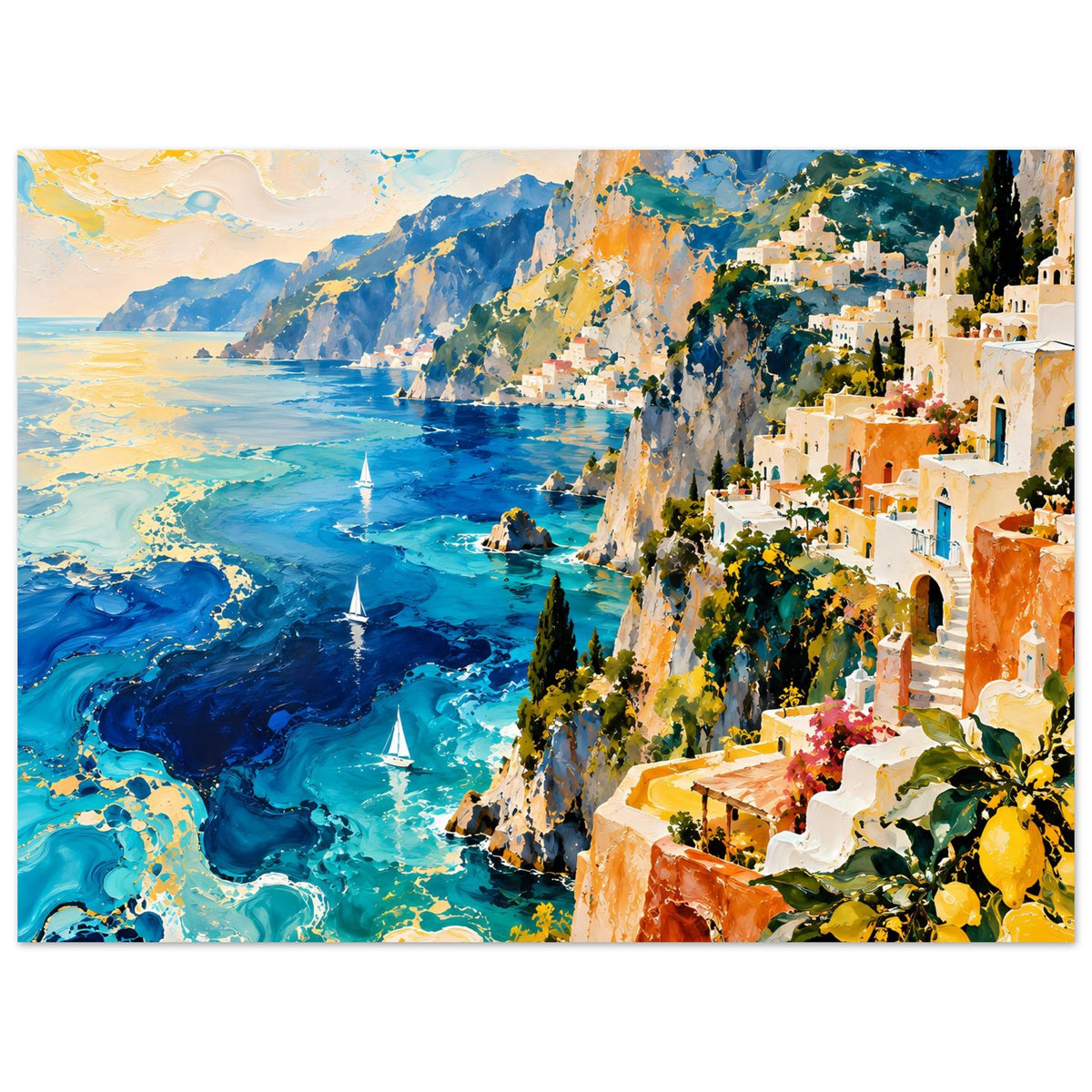Breitformat-Küstenposter: blaues Wasser, steile Klippen, weiß-orange Häuser und Vegetation