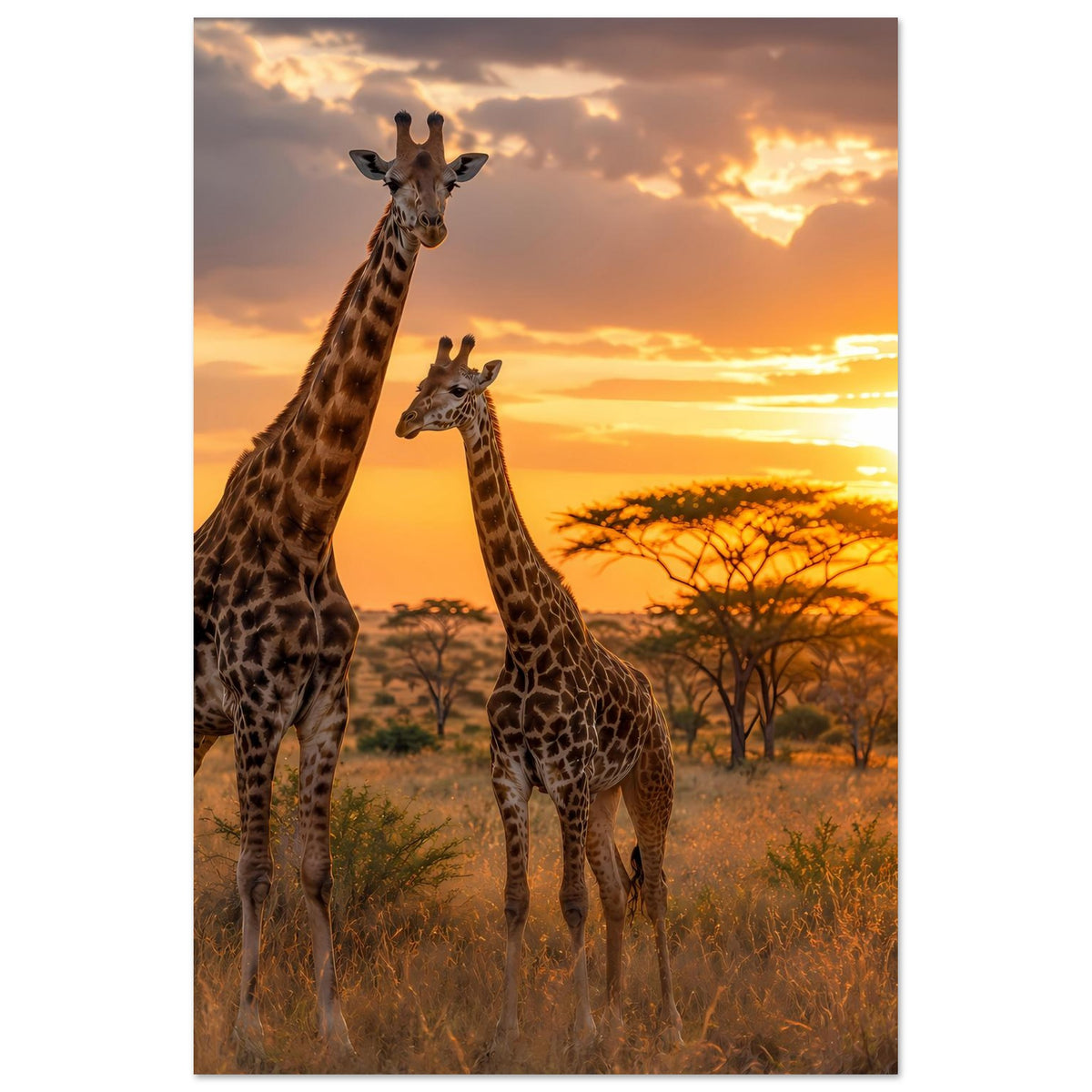 Poster mit drei Giraffen, Savannenlandschaft mit Akazien, Sonnenuntergang, senkrecht
