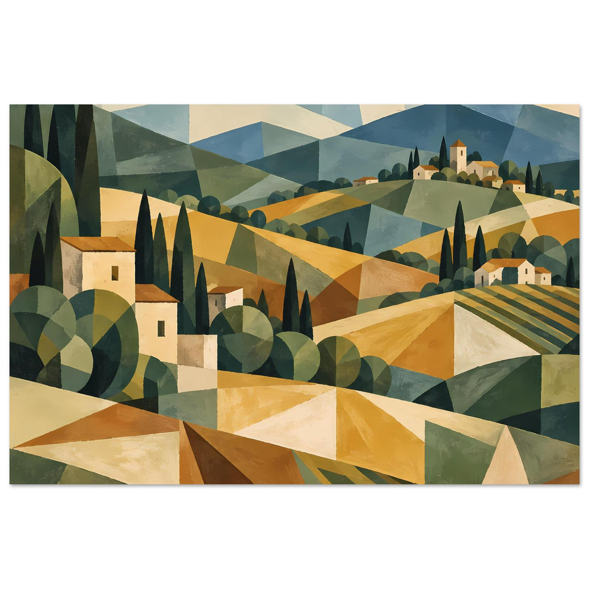 Poster im Querformat mit geometrischer Toscana-Landschaft: Gebäude links, Zypressen, Hügel