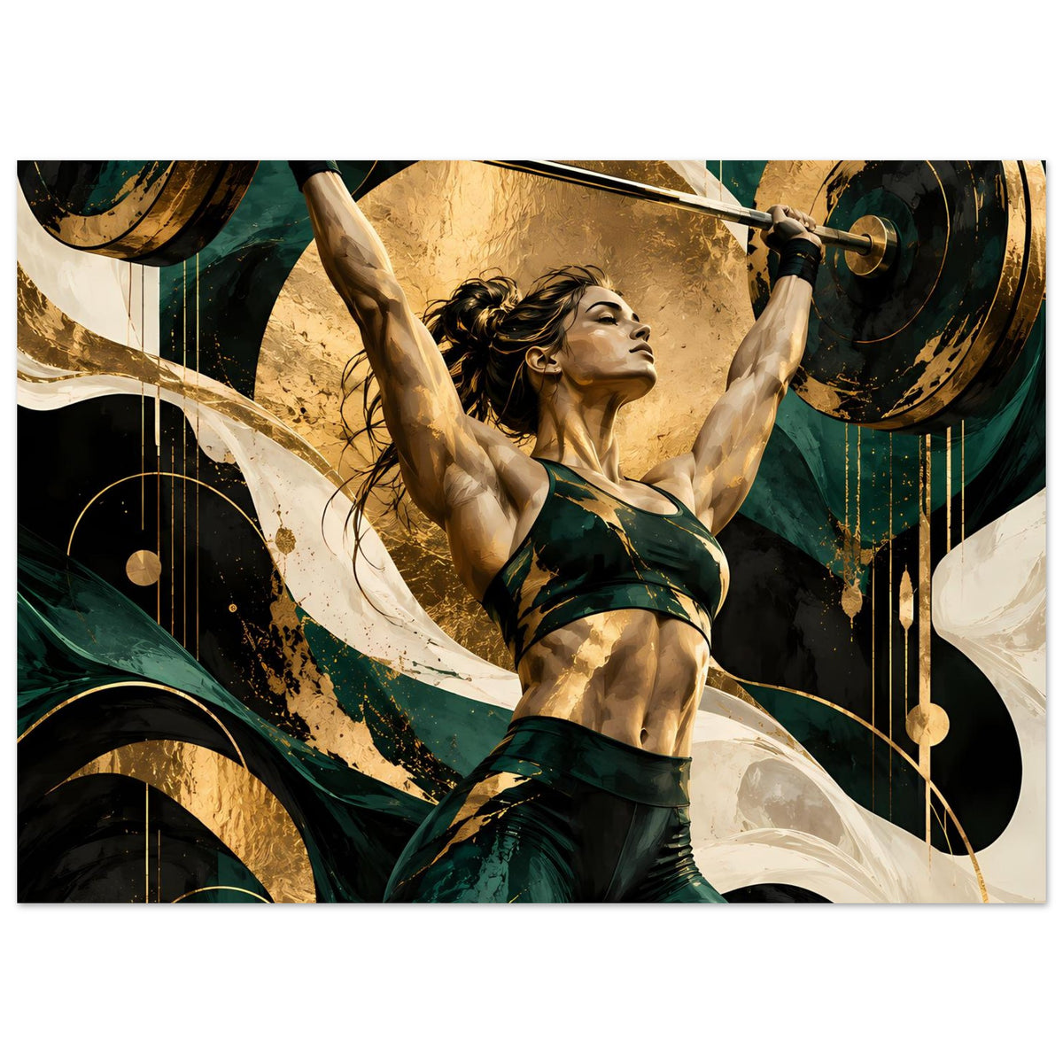 Kraftposter Querformat: Athletin in grün hebt Hantelstange, goldene Akzente im Artwork
