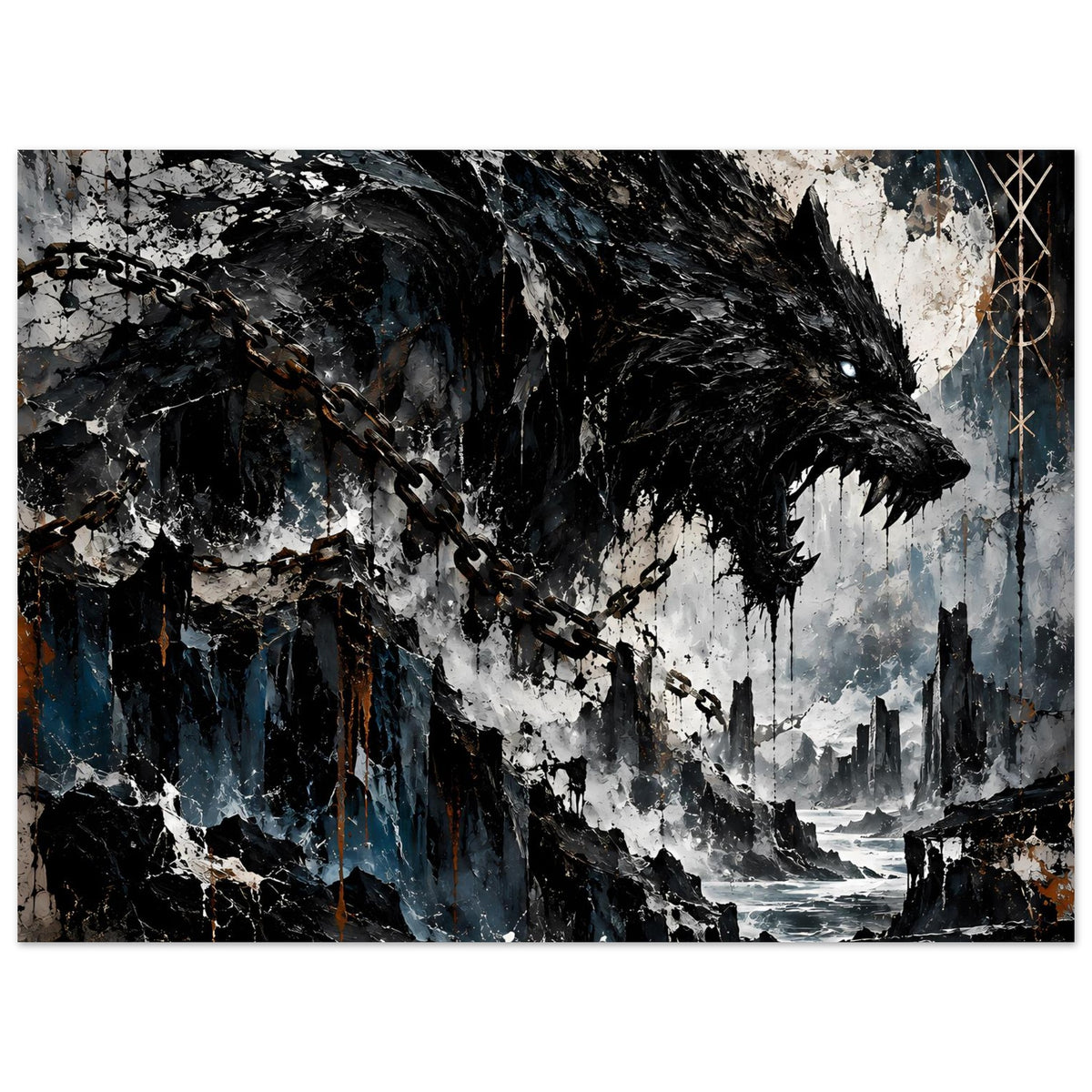 Dunkles Wolfsmotiv-Poster mit Ketten und Ruinenlandschaft, schwarz, blau, grau