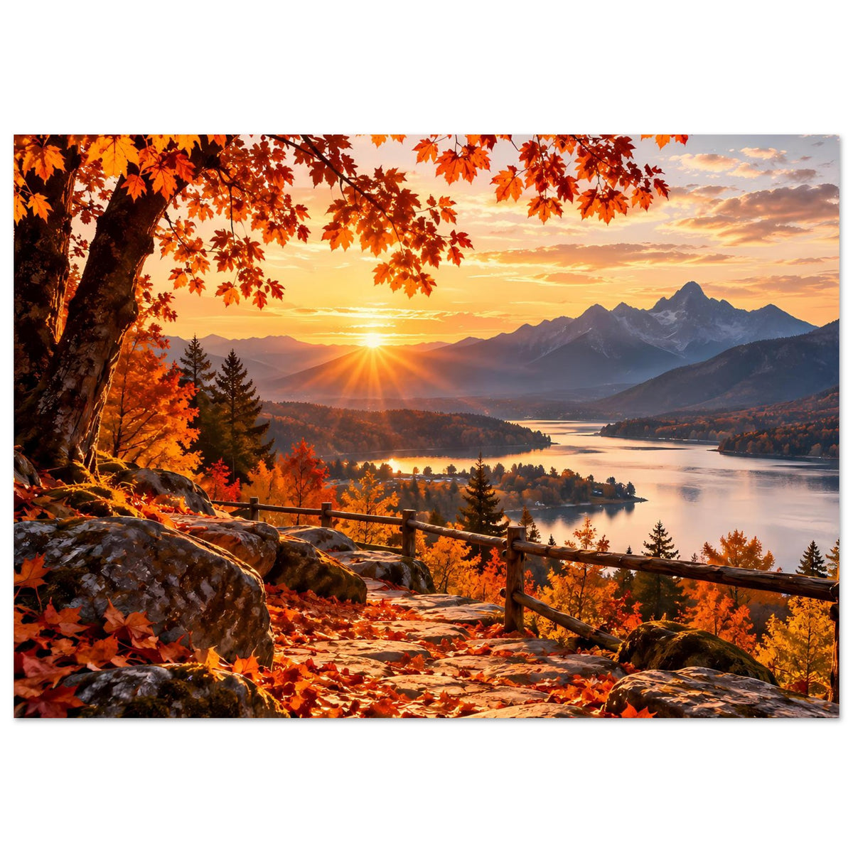 Herbstlandschafts-Poster im Querformat: goldener Sonnenuntergang, Berge, See, Herbstblätter