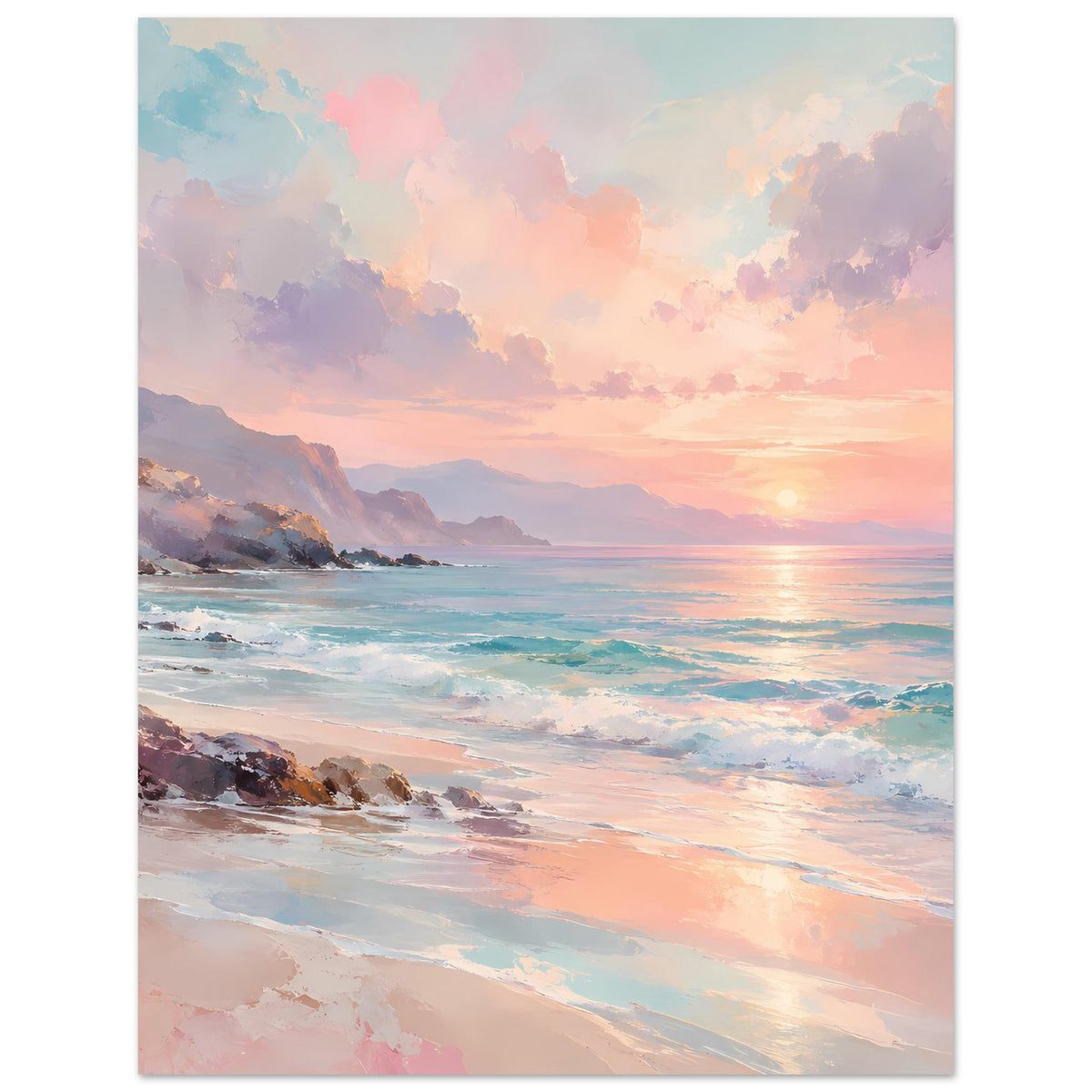 Poster mit Strand und Meer bei Sonnenuntergang, Berge im Hintergrund und Wellen