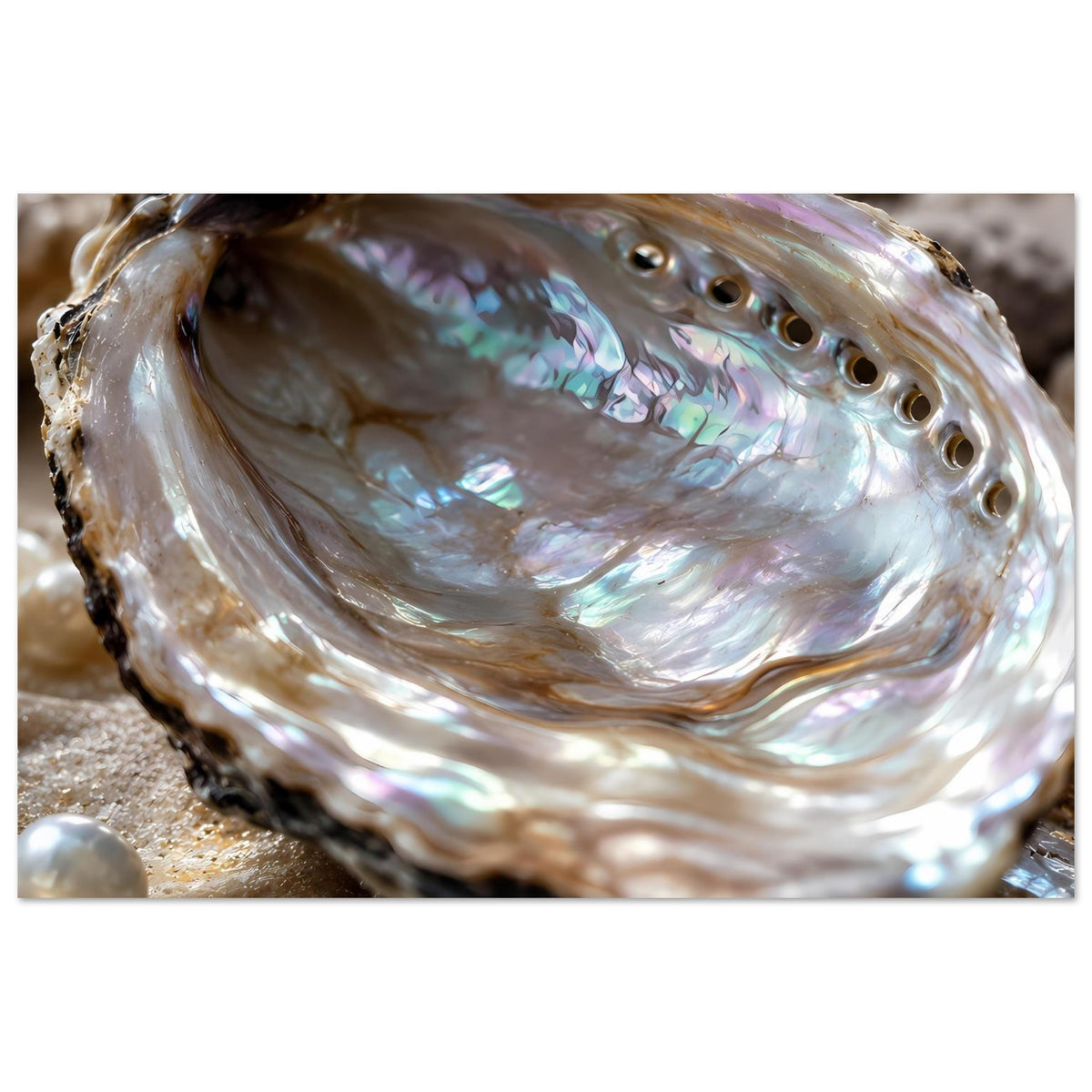 Maritimes Poster: schimmernde Abalone-Muschel mit Perlmuttglanz und dunklem Schalenrand