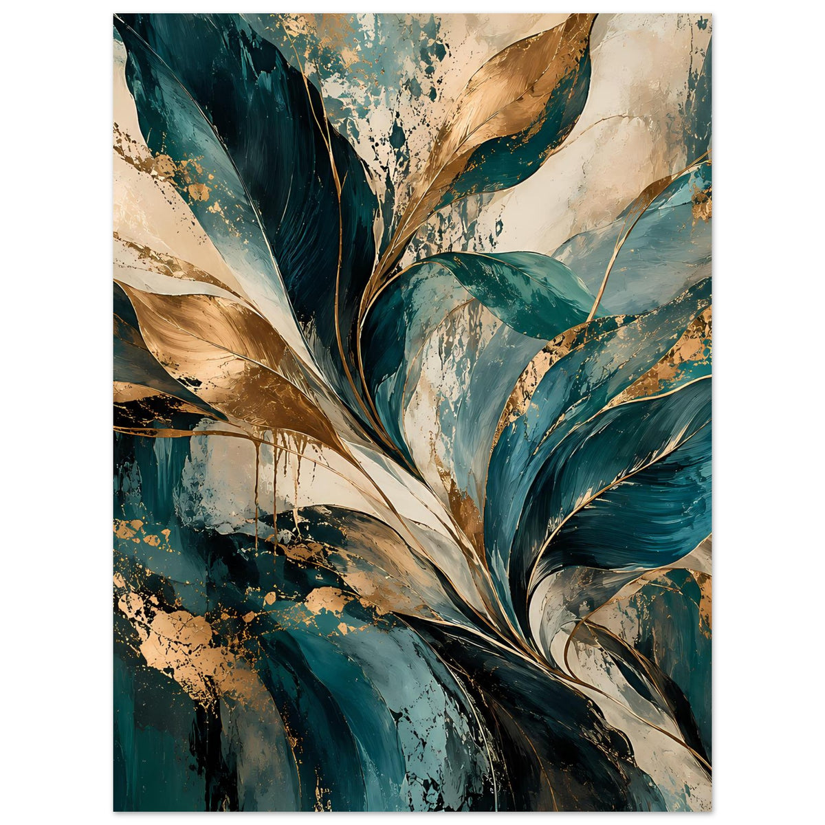 Abstraktes Blattkunst-Poster, gedrehte Blattformen in Petrol und Beige mit goldenen Spritzern.