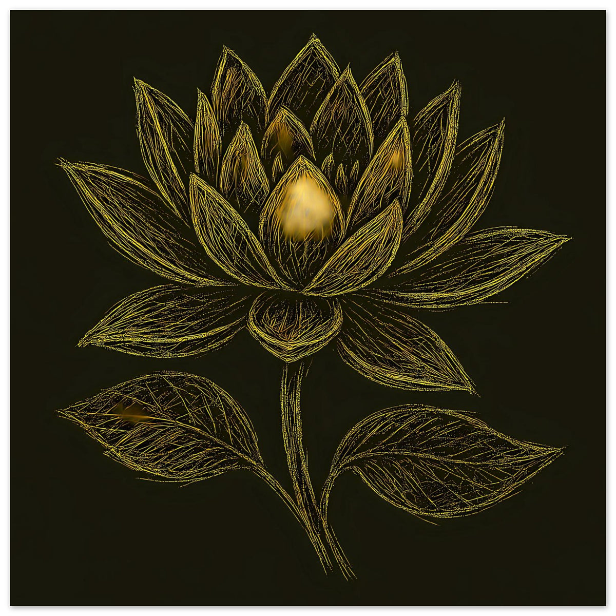 Poster mit goldener Lotusblüte und Blättern auf tiefschwarzem Hintergrund