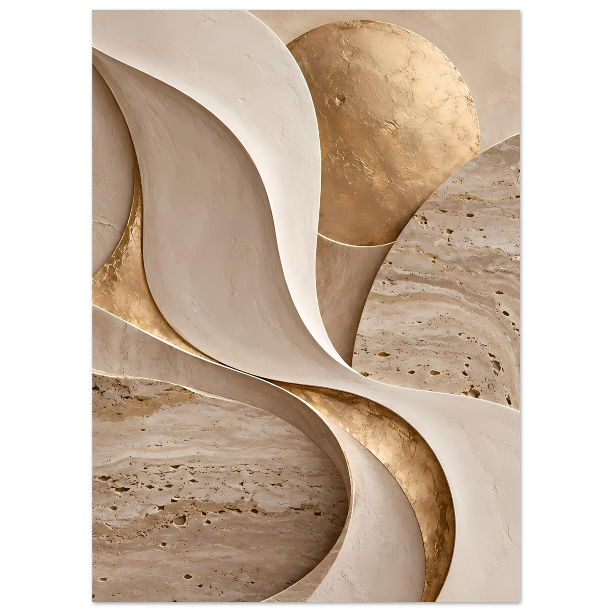 Kunstposter: beiges Relief mit goldfarbenem Rand und weißen, geschwungenen Formen