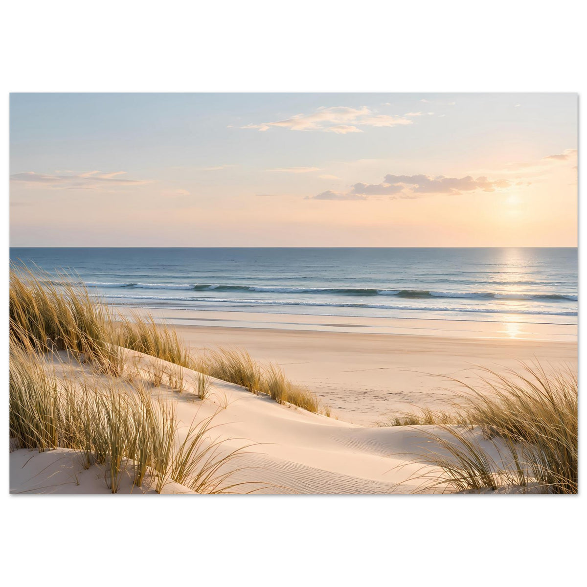 Poster mit Stranddünen und Sonnenuntergang über ruhigem Meer (Querformat)