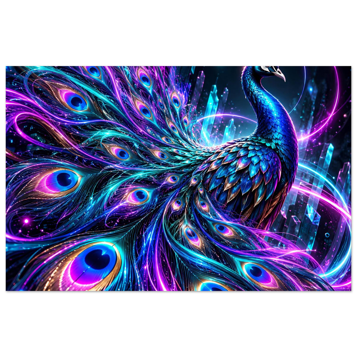 Neonfarbenes Pfauenposter mit ausgebreitetem Federkleid, türkisblau und magenta