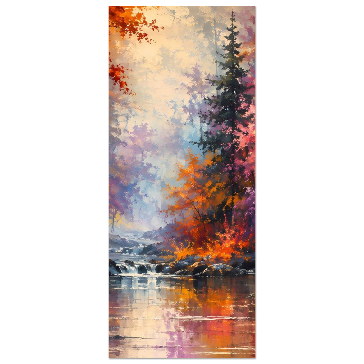 Senkrechtes Poster mit Herbstwald, orangefarbenen Blättern und ruhiger Wasserfläche