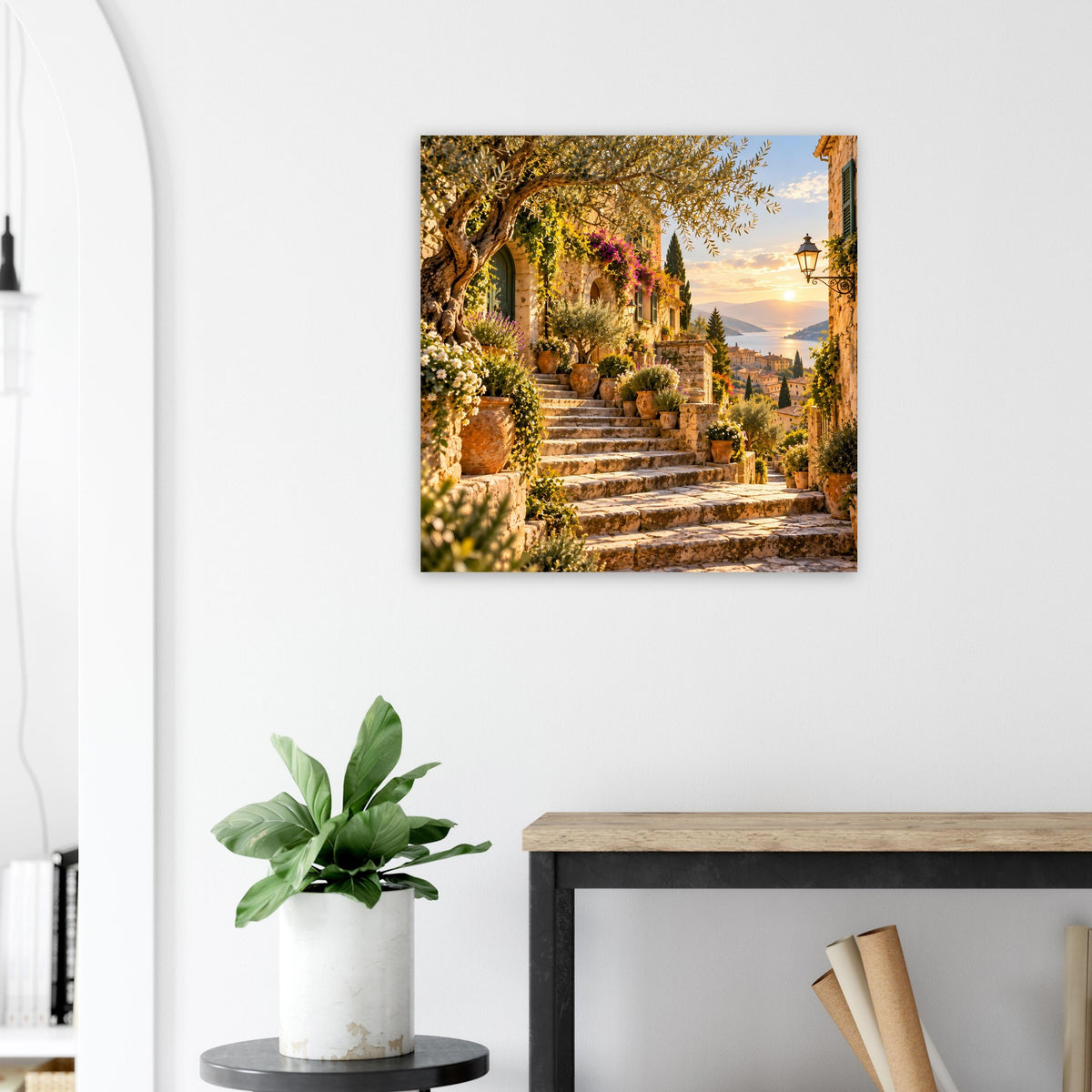 Sonnenuntergangs-Poster mit Treppenstufen, Säulen und Gebäuden im Mittelmeerstil, quadratisch