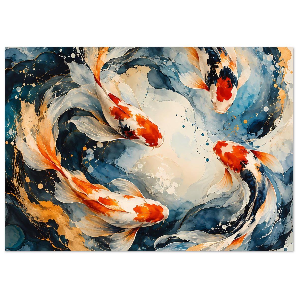 Japanisches Poster mit Koi-Fischen im Wasserwirbel, blau, orange und weiße Spritzer.