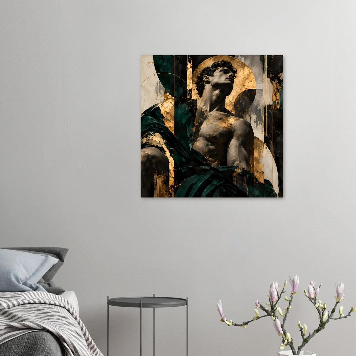 Kunstposter mit barocker Statue, dunkelgrünem Ornamen­t und goldenen Farbpartien