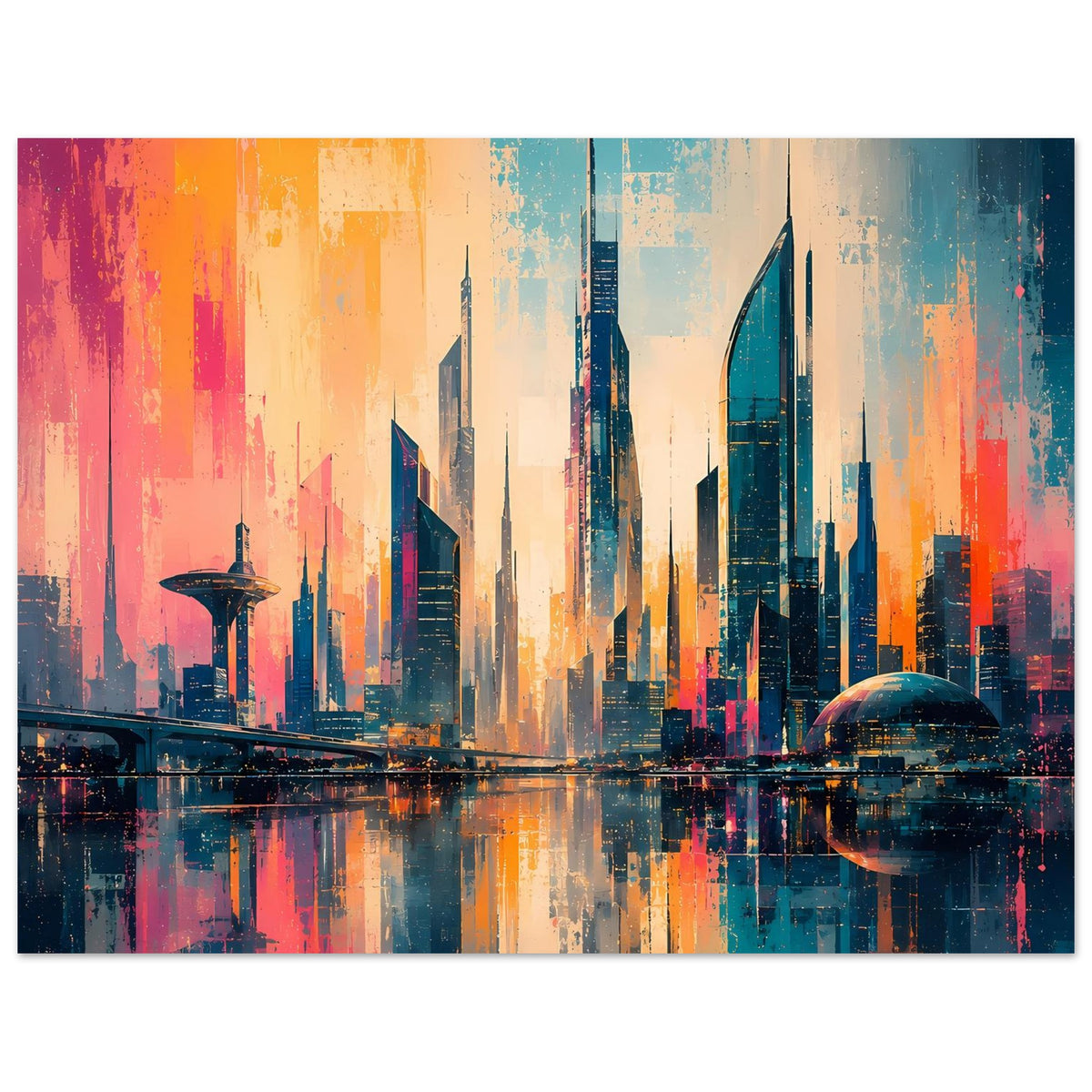 Horizontales Poster mit futuristischer Skyline, Reflexionen und kräftigen orange-blauen Farbverläufen