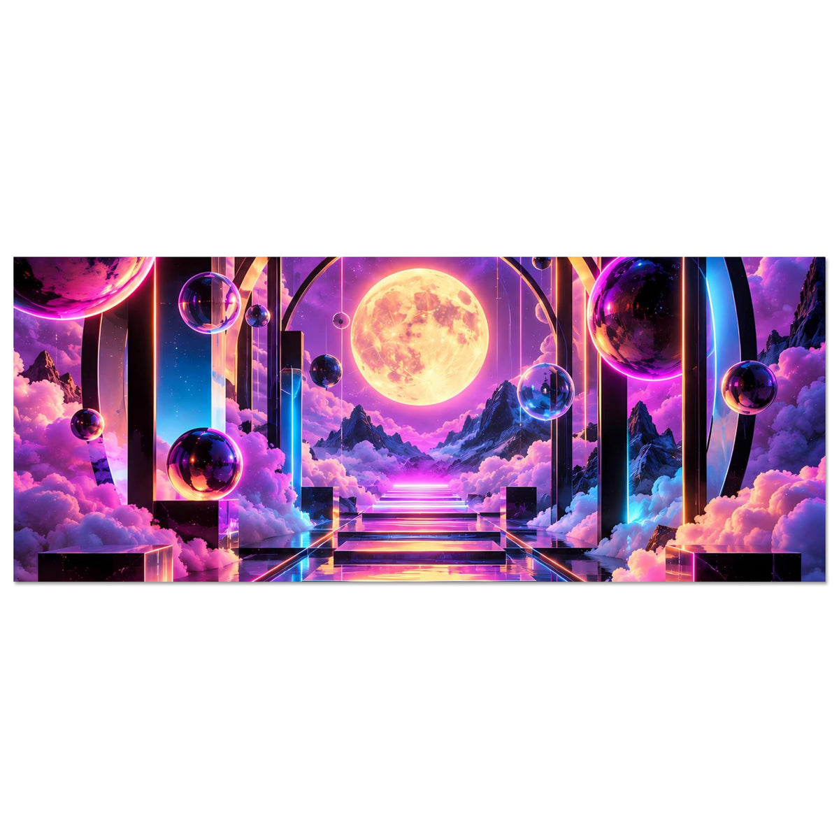 Horizontales Poster mit Neon-Galaxie: goldener Planet, Bögen, Treppe und schwebende Planeten