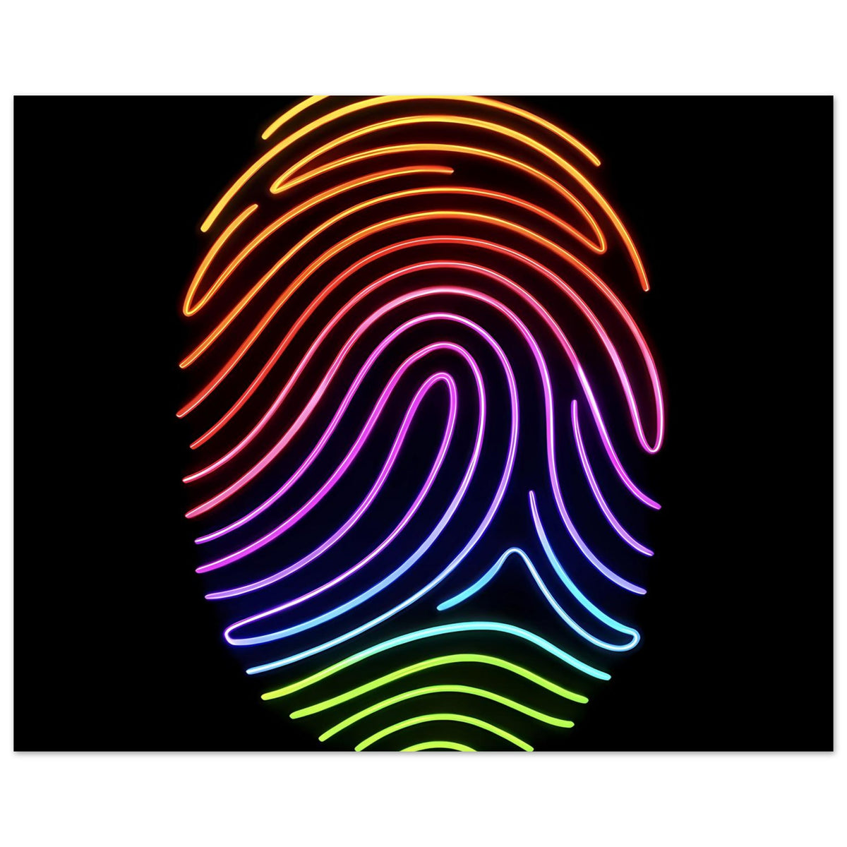 Neon-Regenbogen-Fingerabdruck-Poster im Querformat, konzentrische Neonlinien im Verlauf