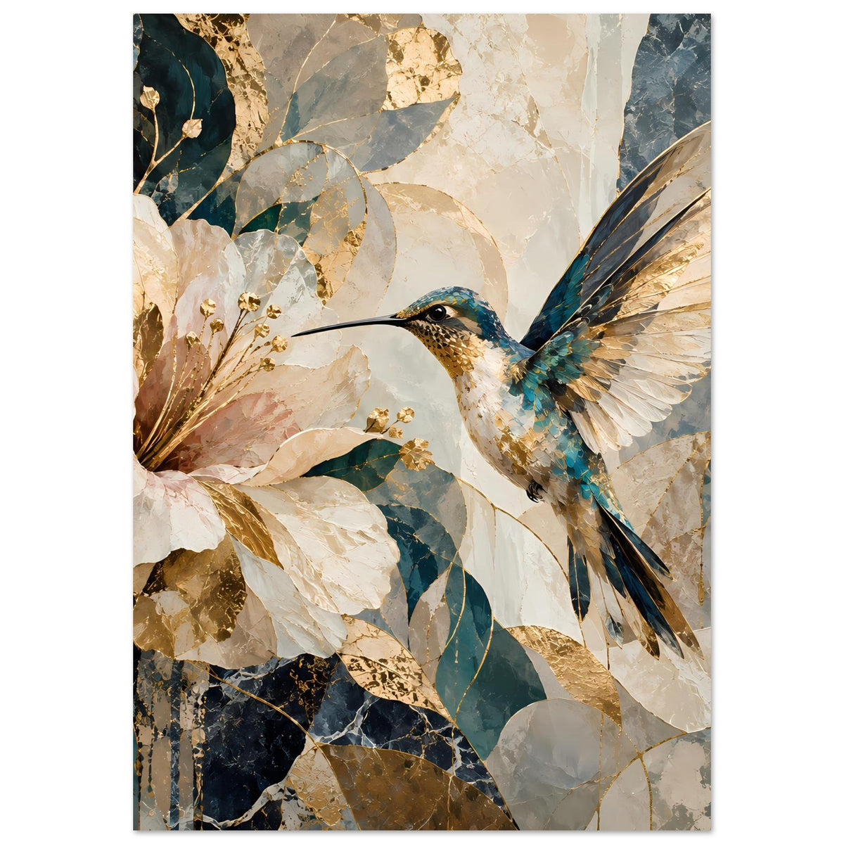 Wandposter, vertikal: Kolibri neben weißen Blumen, blau-beige Marmorstruktur mit goldenen Details