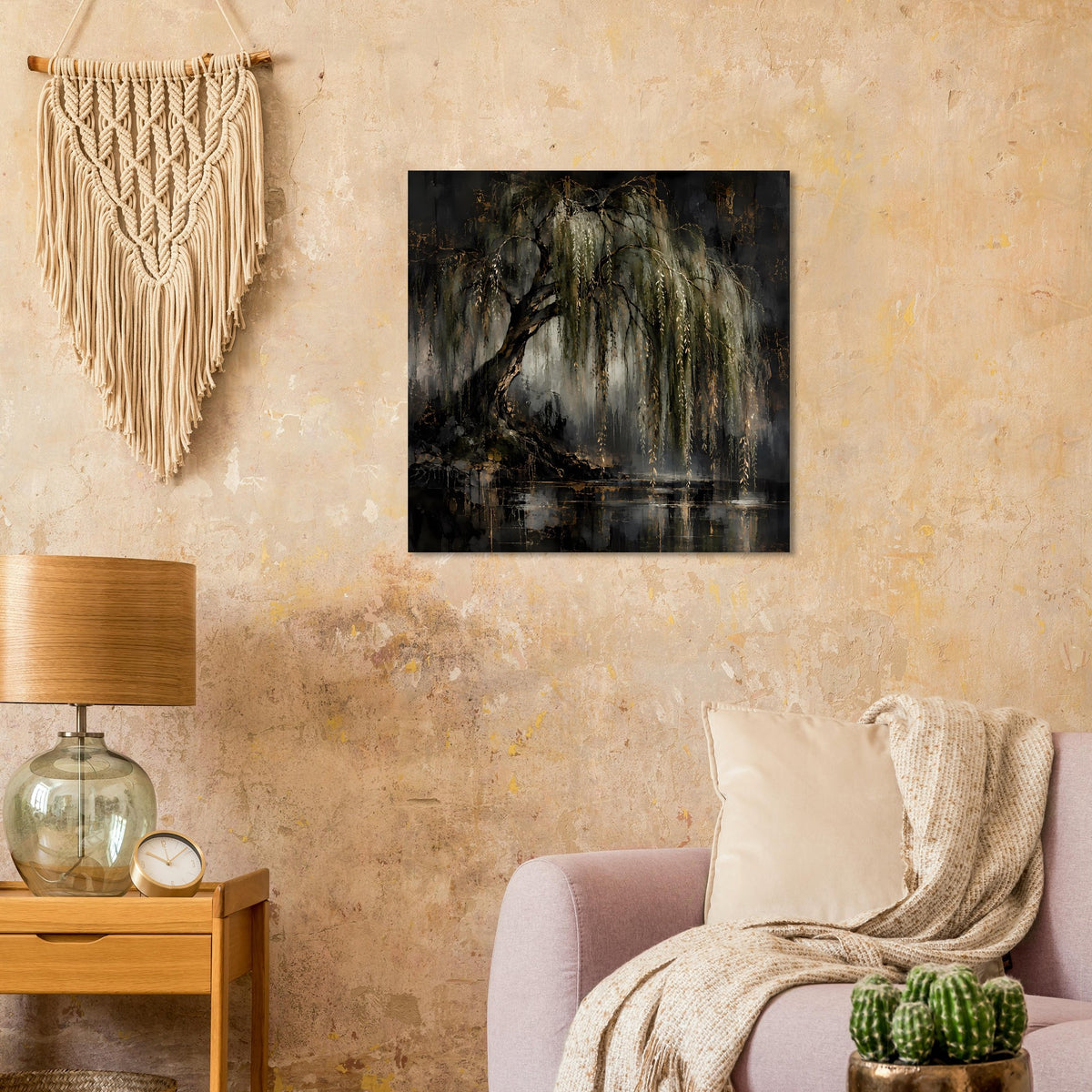 Naturposter mit dunkler Trauerweide am Wasser, Spiegelung und goldenen Lichttönen