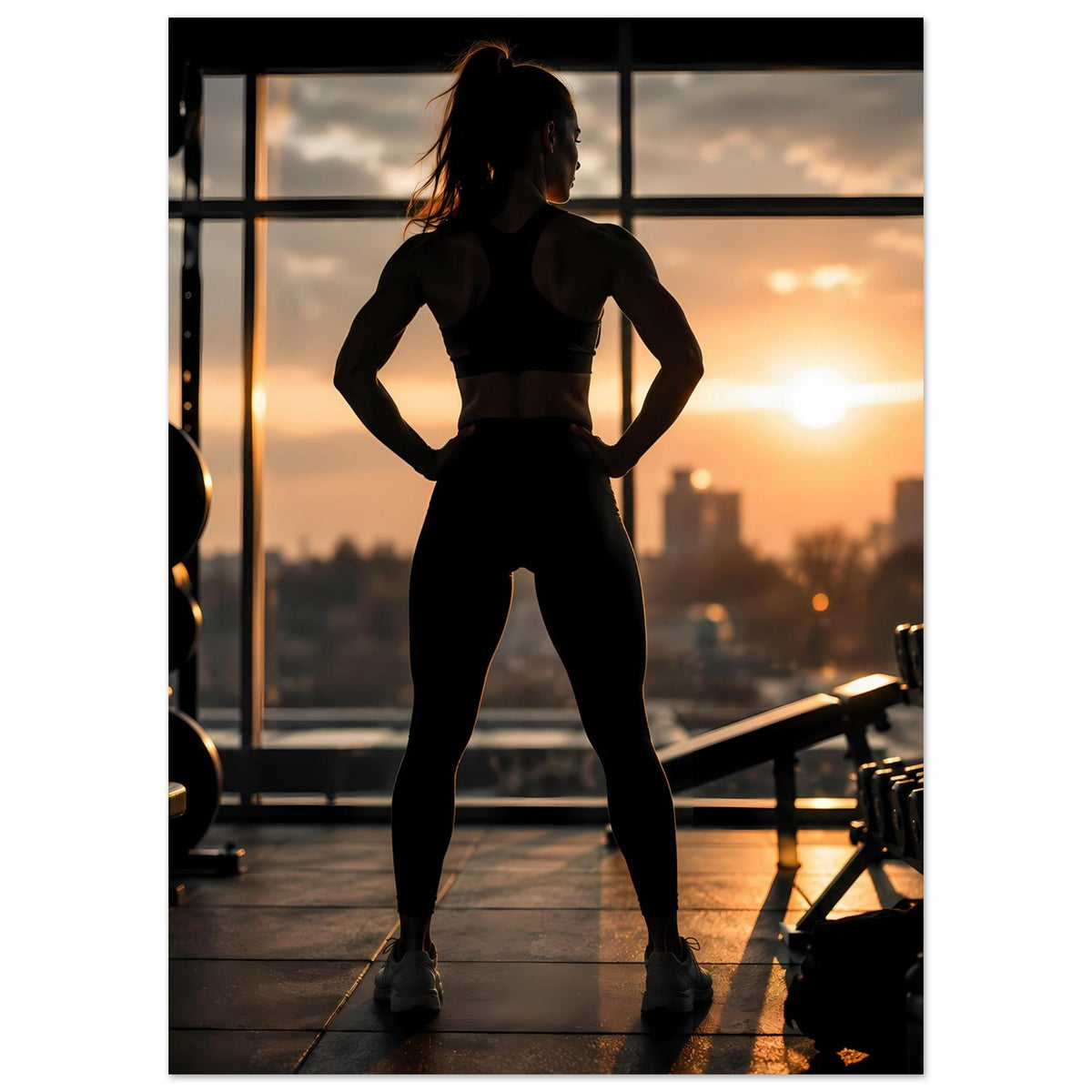 Poster: Sportlerin-Silhouette im Fitnessstudio, Standpose mit seitlichem Blick