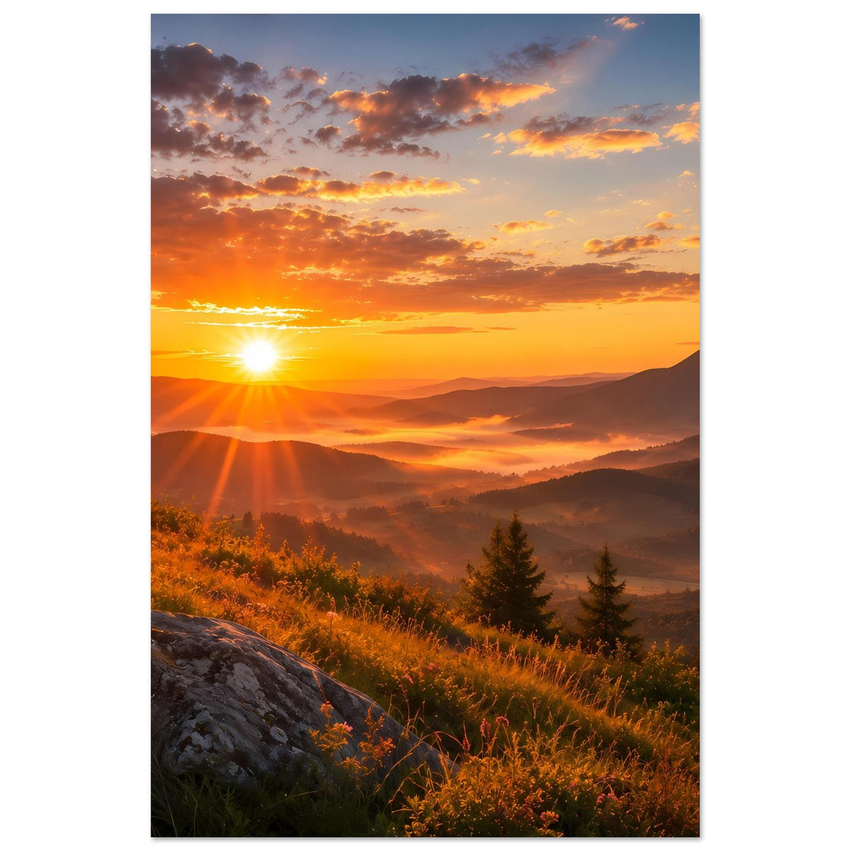 Landschaftsposter im Hochformat mit tiefstehender Sonne, Bergsilhouetten, Tannen am Hang