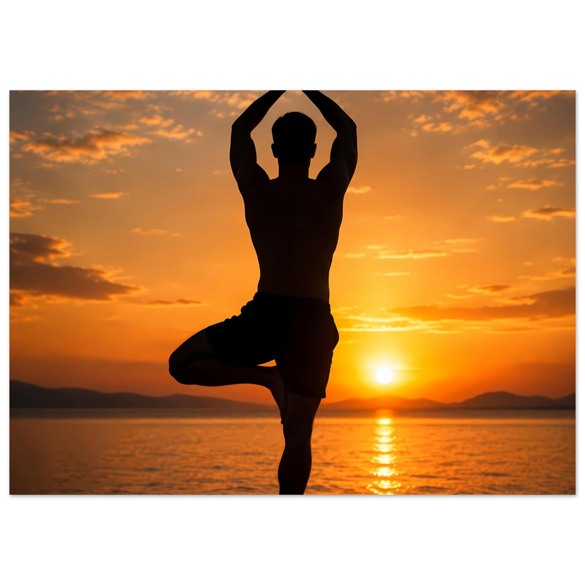 Yoga-Wandposter mit schwarzer Silhouette in Yoga-Pose vor orangefarbenem Sonnenuntergang