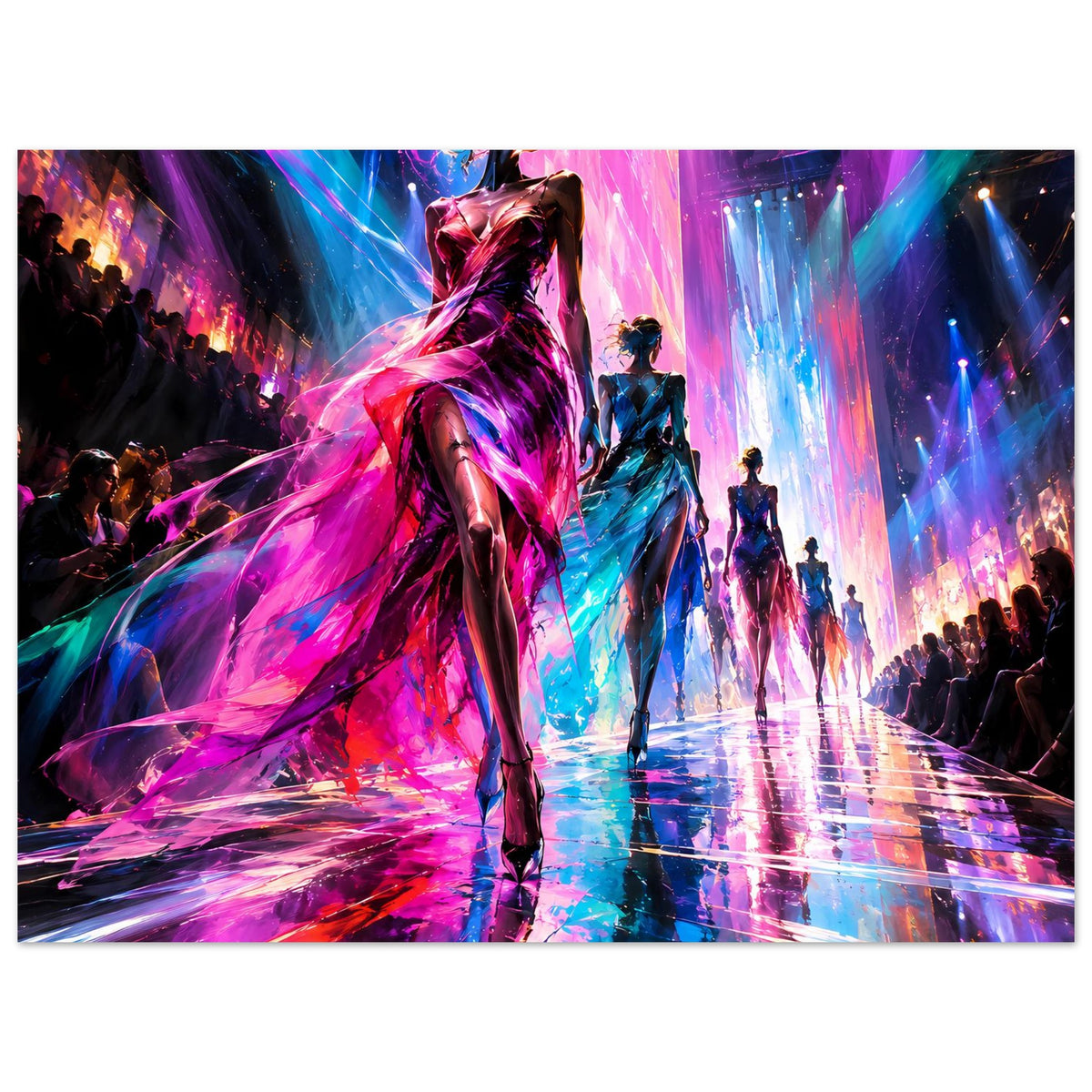 Horizontales Runway-Poster: Frau im schwarzen Kleid, farbige Lichtstrahlen, Laufstegspiegelung