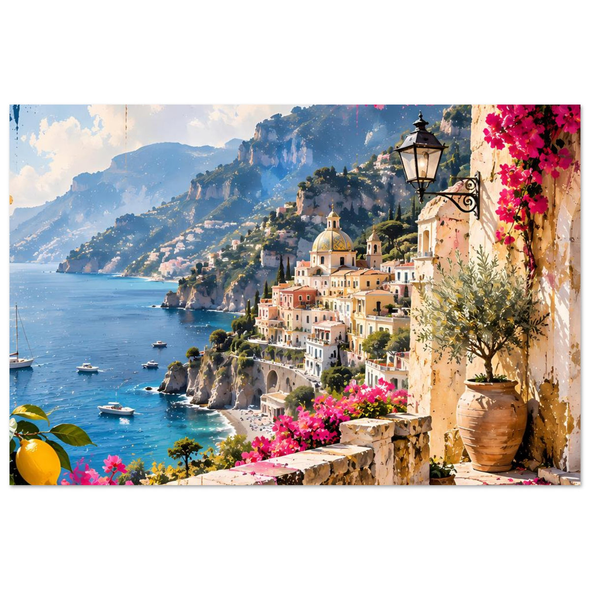 Poster mit Küstenstadt und Bougainvillea, Laterne sowie breitem Steingeländer