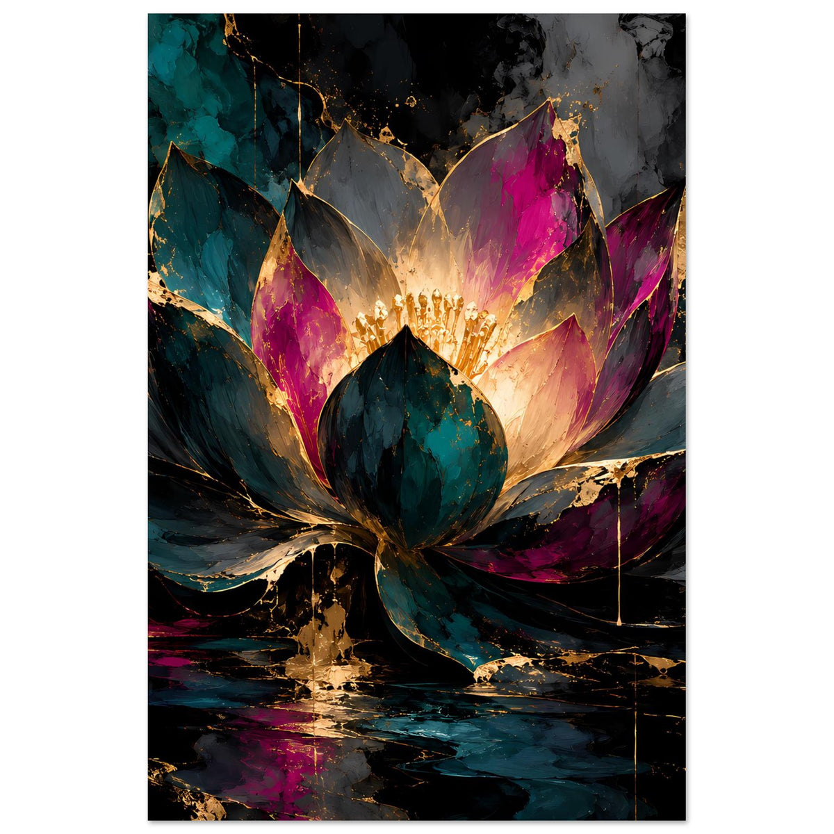 Hochformat-Poster mit Lotusblüte: türkisgrün, pink leuchtend, goldene Sprenkel