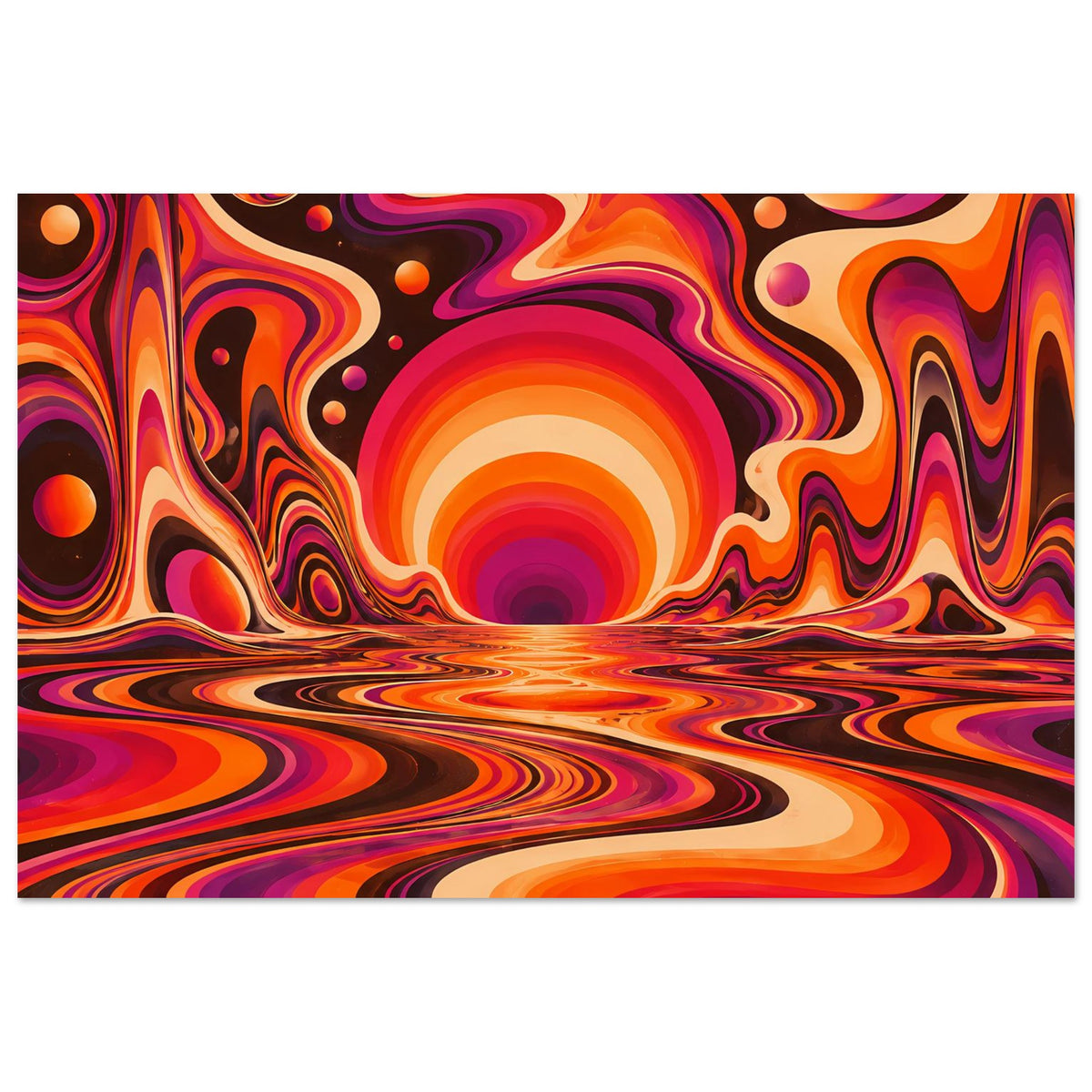 Horizontales Poster: dunkle, violette und orange Wirbel mit runden Farbtropfen