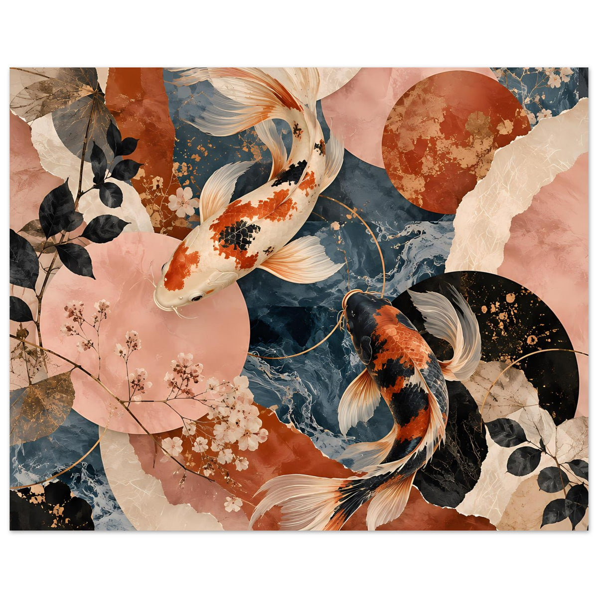Koi-Fische-Poster mit Karpfen in Schwarz, Orange und Weiß, dazu Terrakotta-/Dunkelblau-Flächen