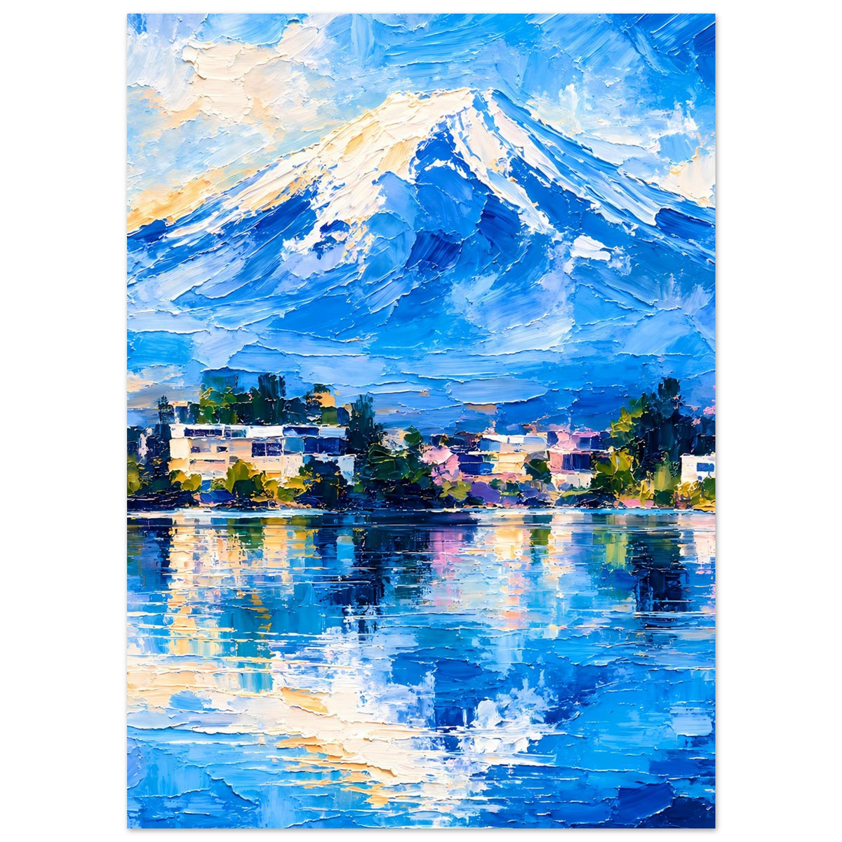 Poster mit Berglandschaft, vertikal: blaues Bergpanorama, See mit bunten Lichtspuren