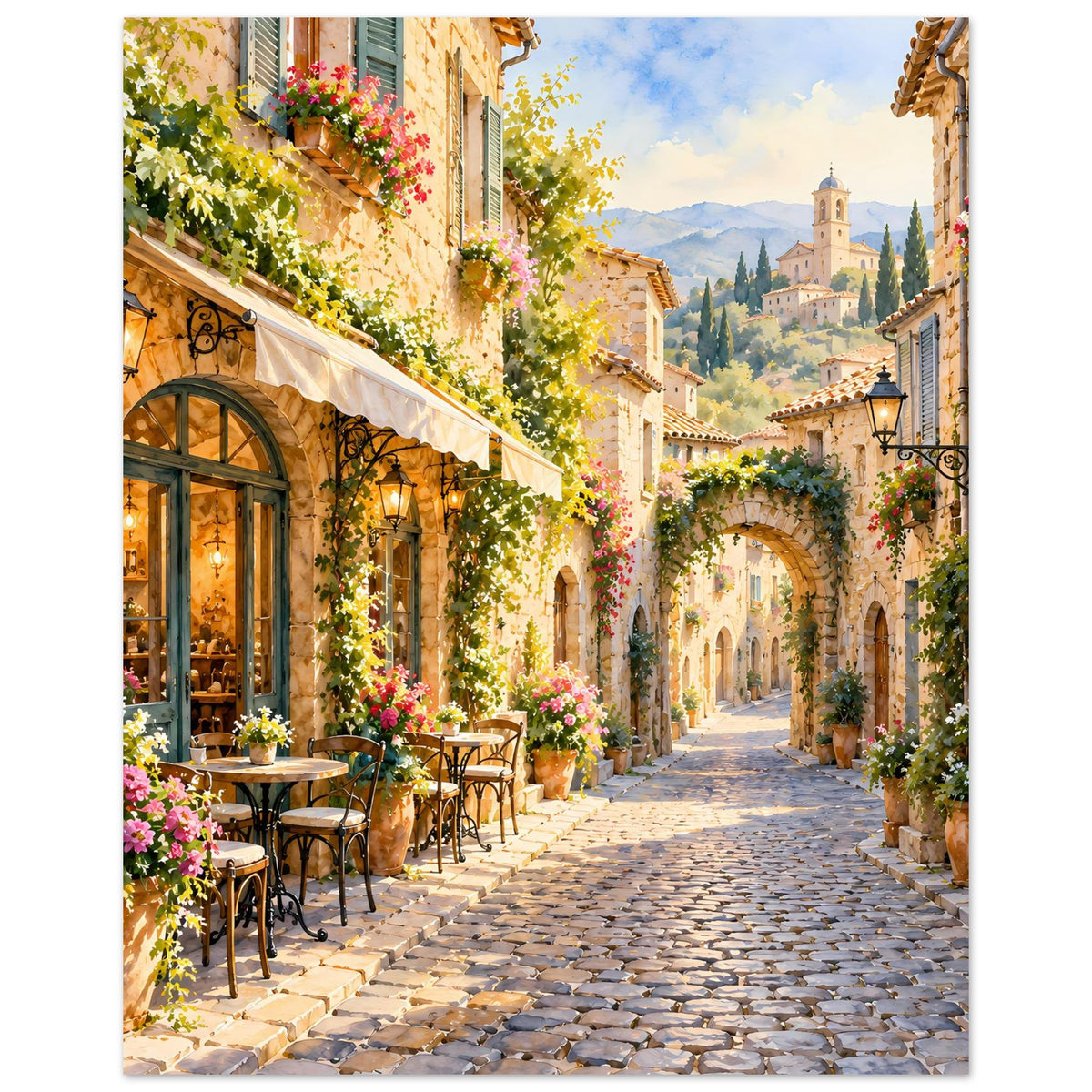 Poster im Querformat: belebte Gasse mit Kopfsteinpflaster, Tischen vor Häusern und Blumen
