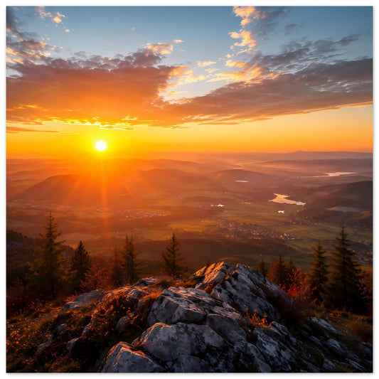 Poster mit Sonnenuntergang über Wüstenlandschaft, Sonne über Hügeln, Felsen im Vordergrund