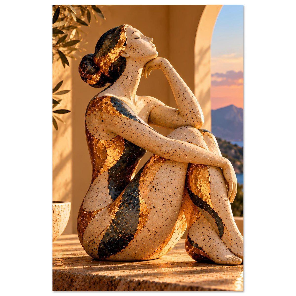 Poster mit sitzender Frauenfigur im Sitz, sandbraune Farbtöne mit dunkelbraunen Mustern