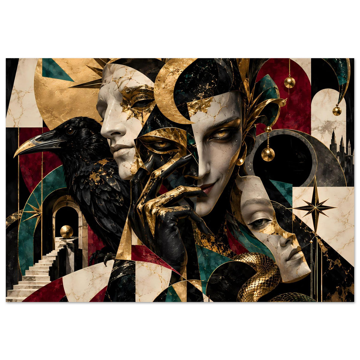 Kunstposter mit zwei Gesichtern, schwarzem Vogel, goldenen Verzierungen und geometrischen Formen