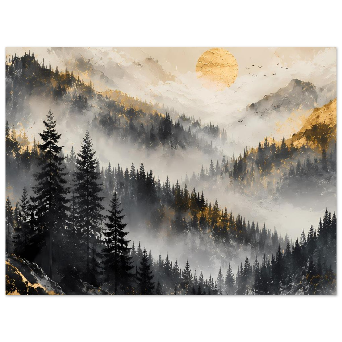 Wandposter mit nebliger Berglandschaft, Tannenwald, goldenem Mond und Vögeln