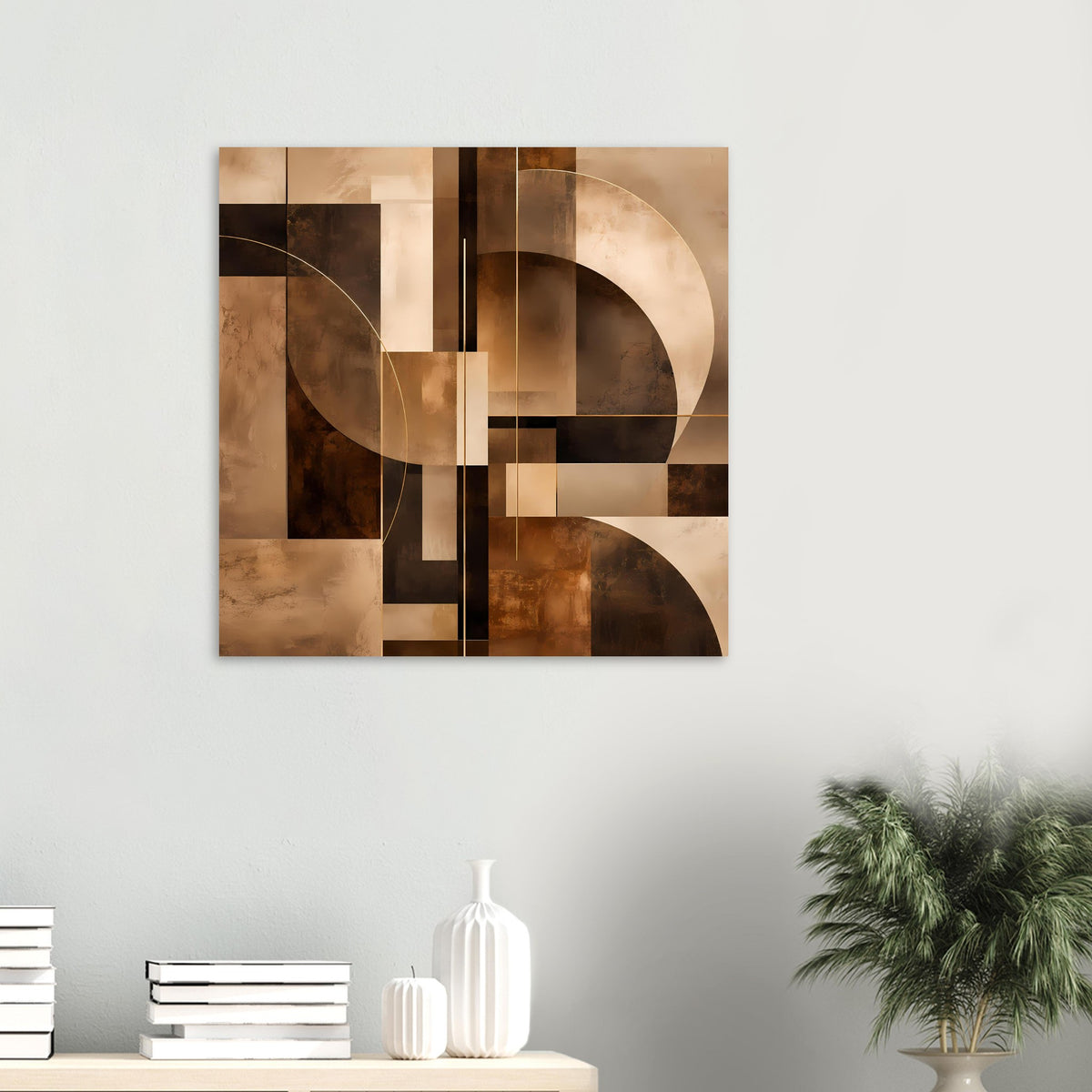 Abstraktes Poster im Quadrat, warmes Braun-Beige mit Blockformen und feinen Linien