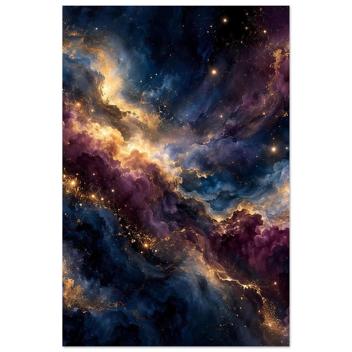 Vertikales Wandposter mit kosmischer Wolkenstruktur in Blau und Violett, Sternen