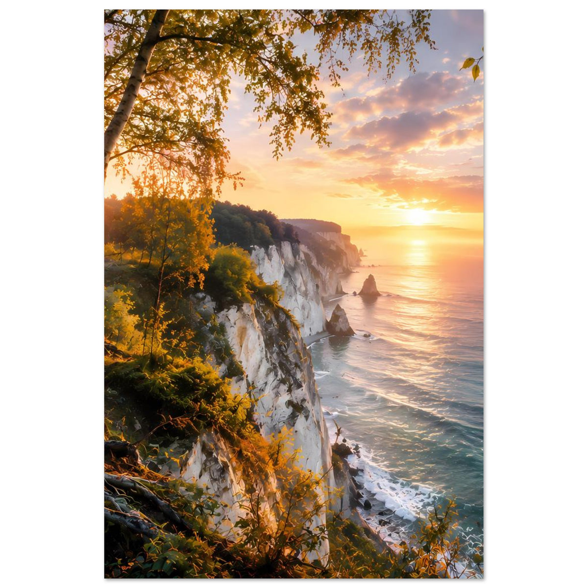 Hochformat-Poster: Steilküste am Meer, Schaumwellen und orangefarbener Abendhimmel