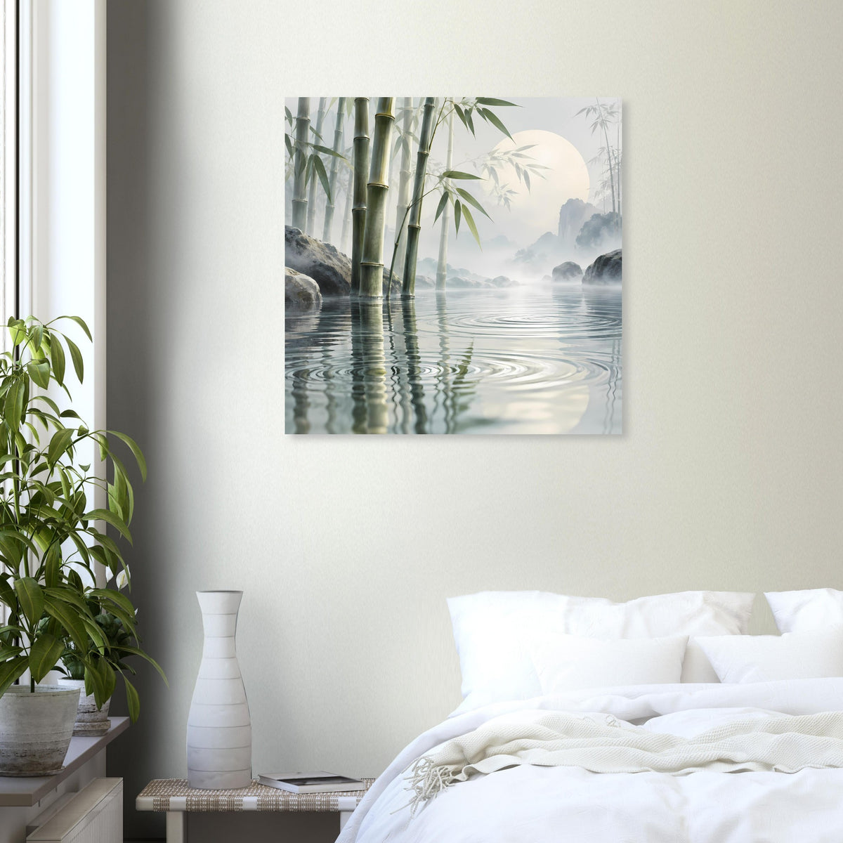 Wandposter mit Bambus in einer Wasserlandschaft, Spiegelungen und sanfter Dunst