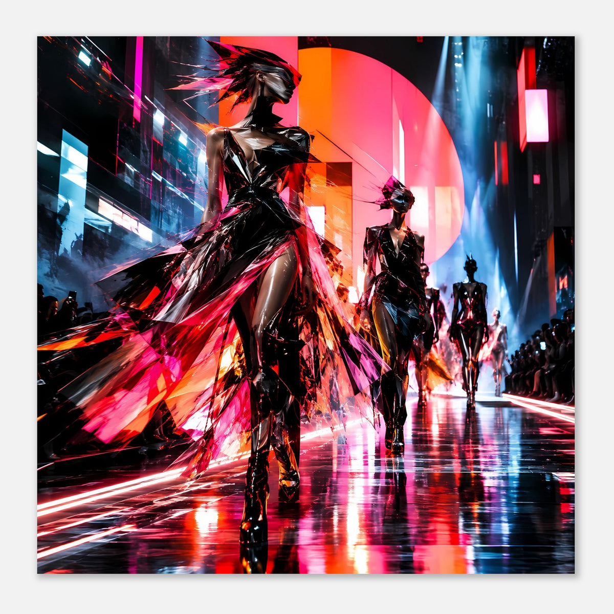 Neon-Fashion-Poster: zentraler Blick auf Laufsteg-Silhouetten in Schwarz, Rot, Pink und Blau
