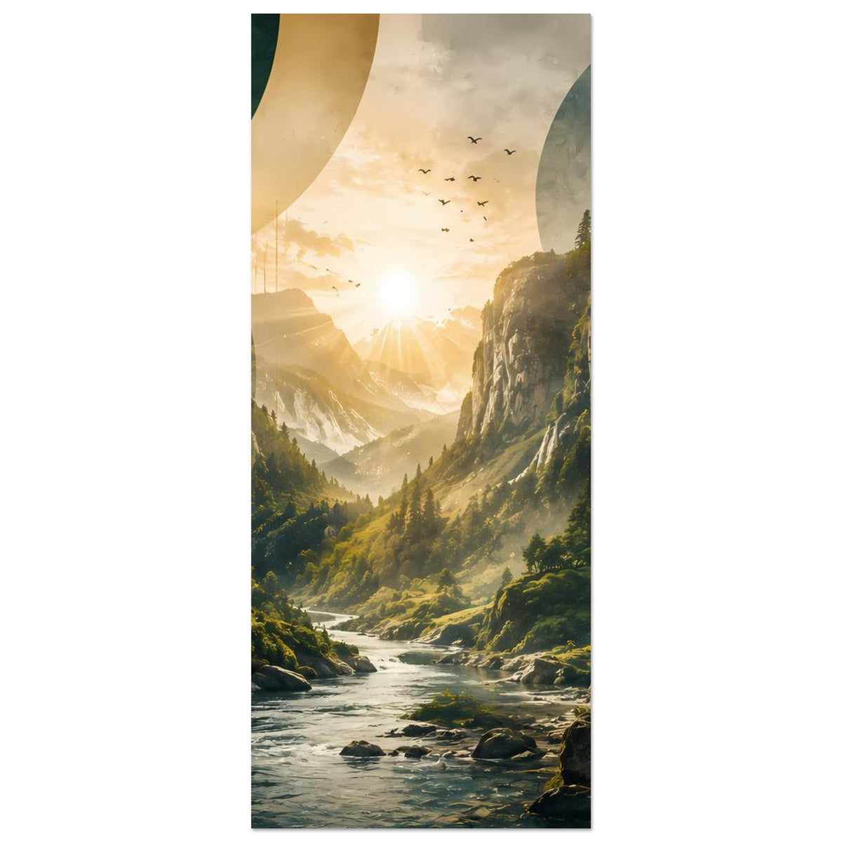 Landschaftsposter im Hochformat mit Wasserfall, Fluss und Sonnenaufgang zwischen Bergen
