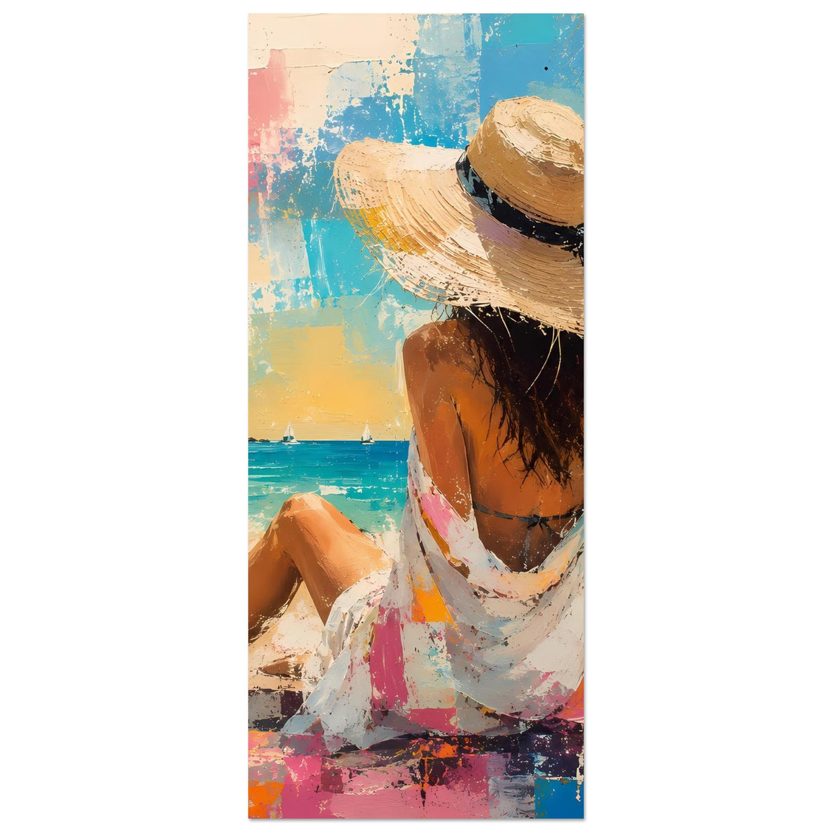 Hochformatiges Sommerposter mit Frau im Strohhut von hinten, am Strand sitzend, abstrakt